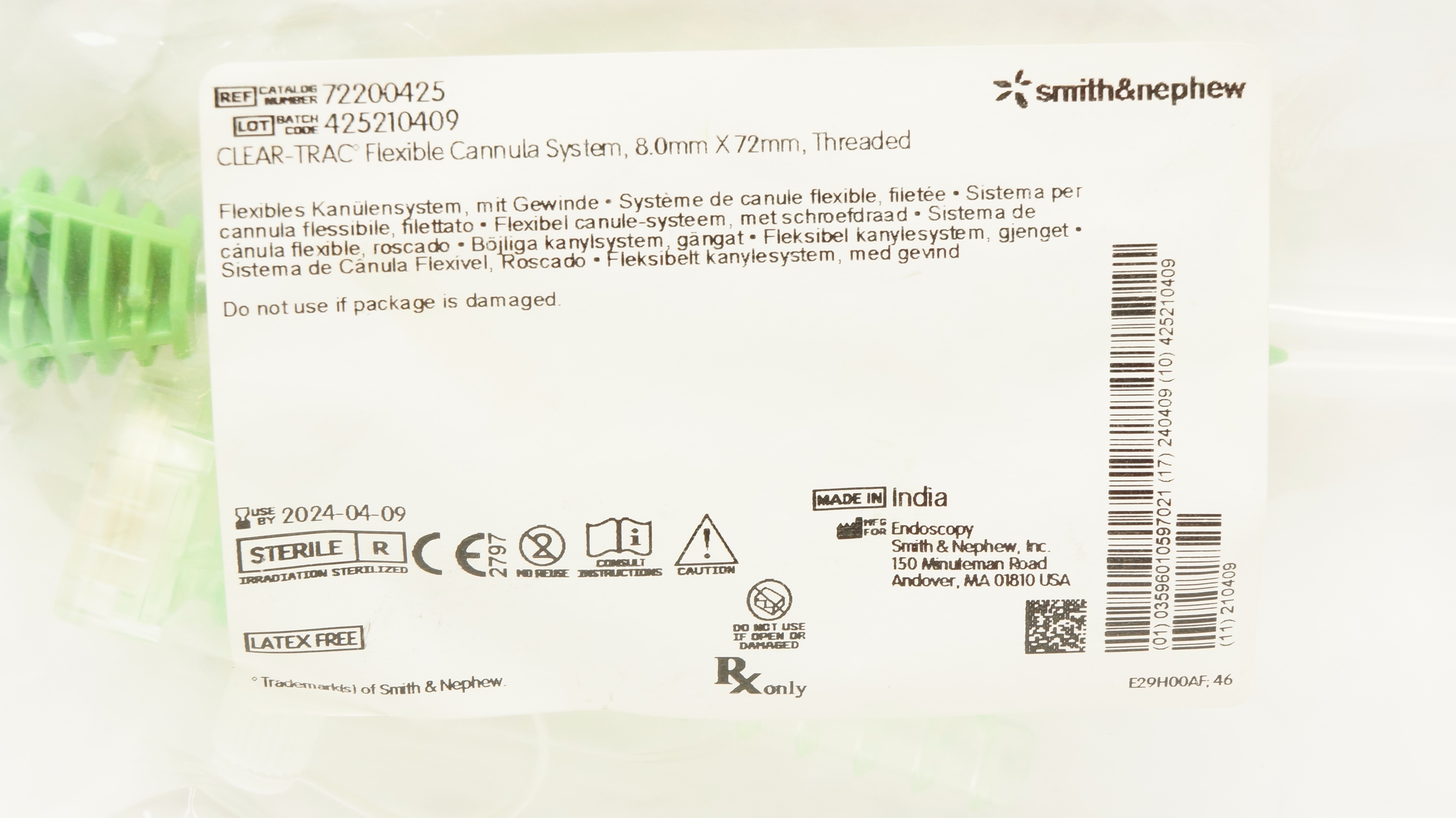 Smith&Nephew 72200425 Clear-Trac Flexible Cannula System 8.0mmx72mm Threaded (x)