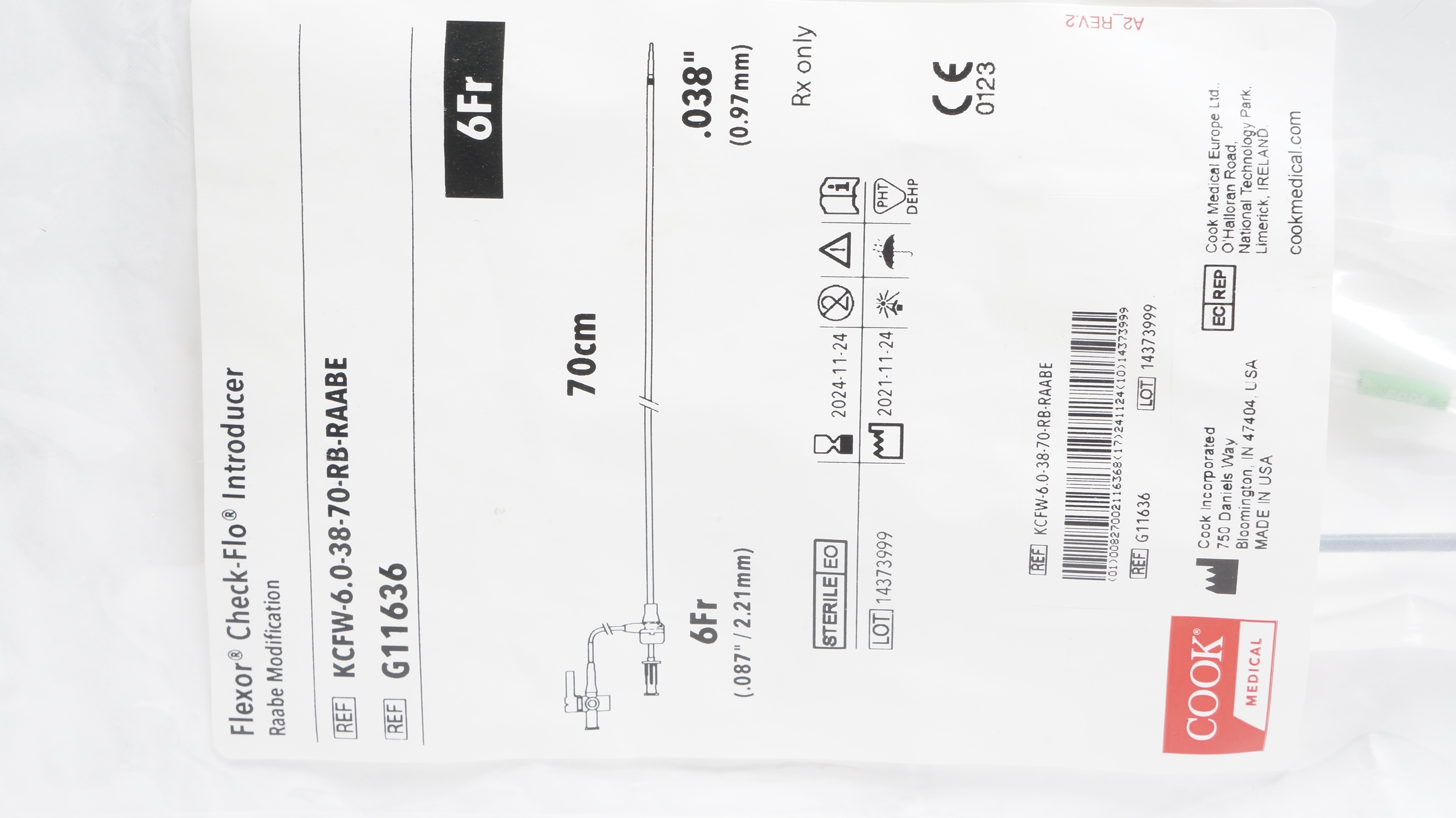 Cook Medical G11636 Flexor Check-Flo Introducer 6Fr x 70cm x .038inch
