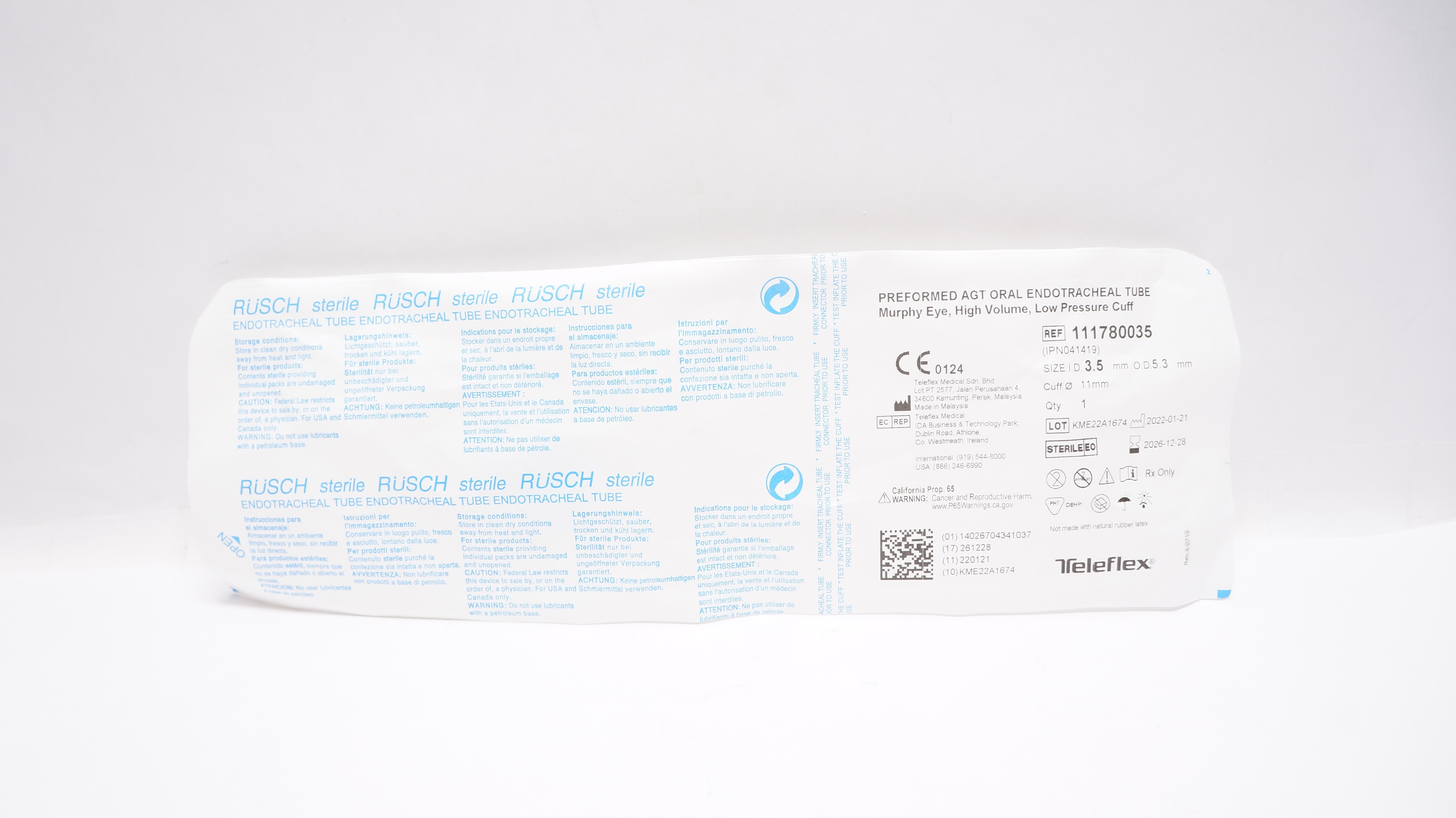 Teleflex 111780035 Preformed Agt Oral Endotracheal Tube 3.5 x 5.3 x 11.0mm