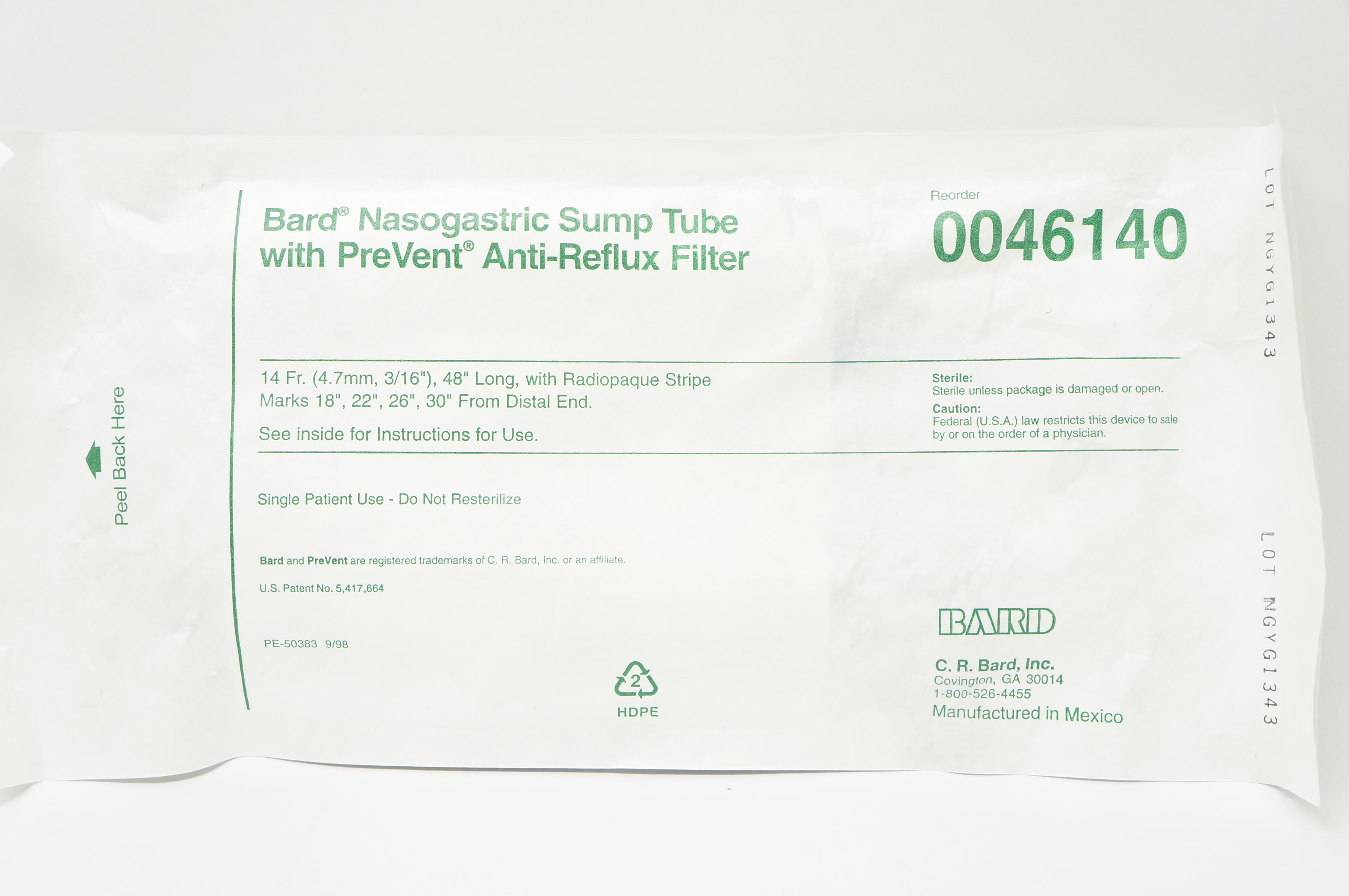 Bard 0046140 Nasogastric Sump Tube with PreVent Anti-Reflux Filter 14Fr x 48inch