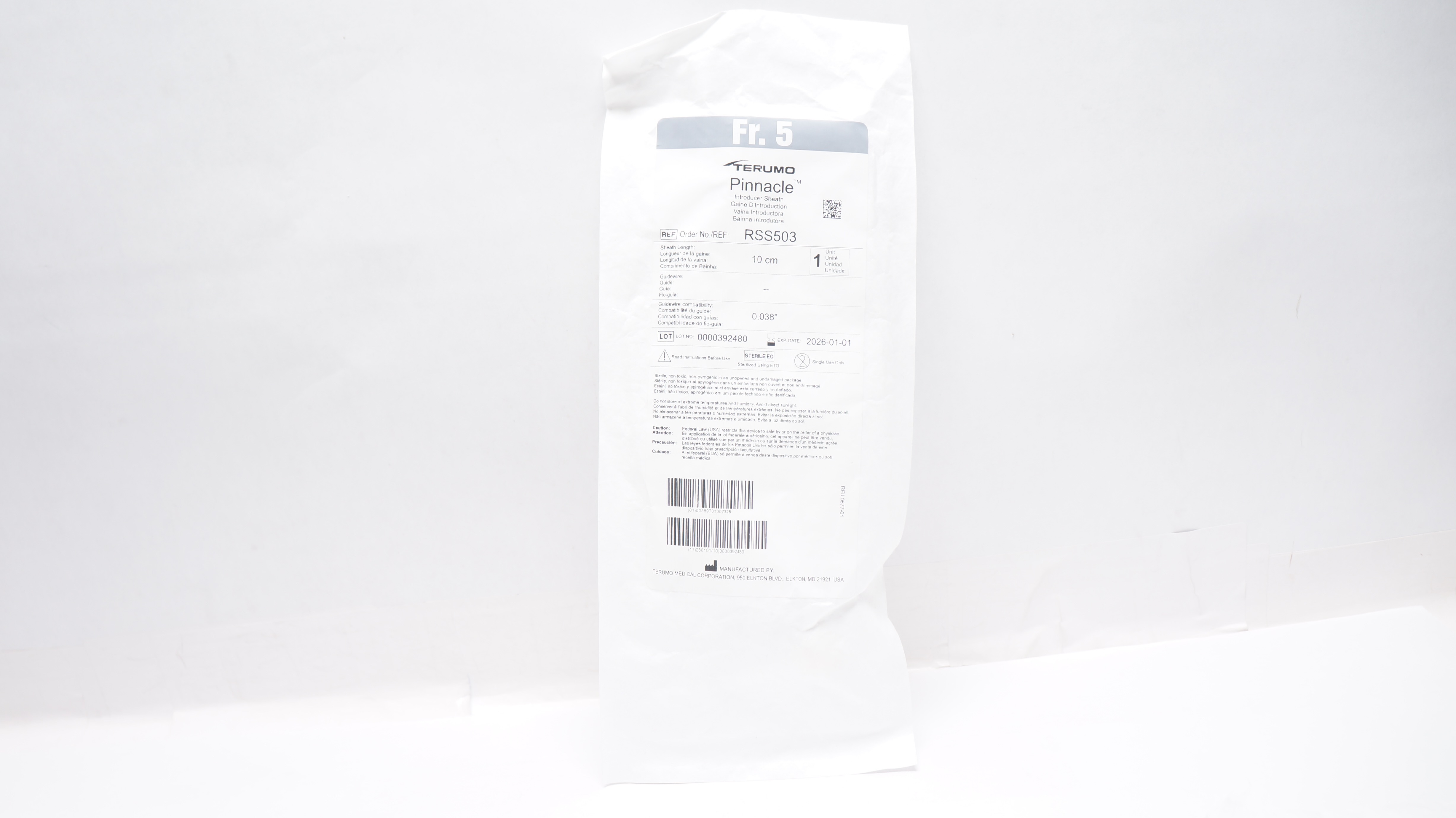Terumo RSS503 Pinnacle Introducer Sheath 5Fr x 10cm x 0.038inch