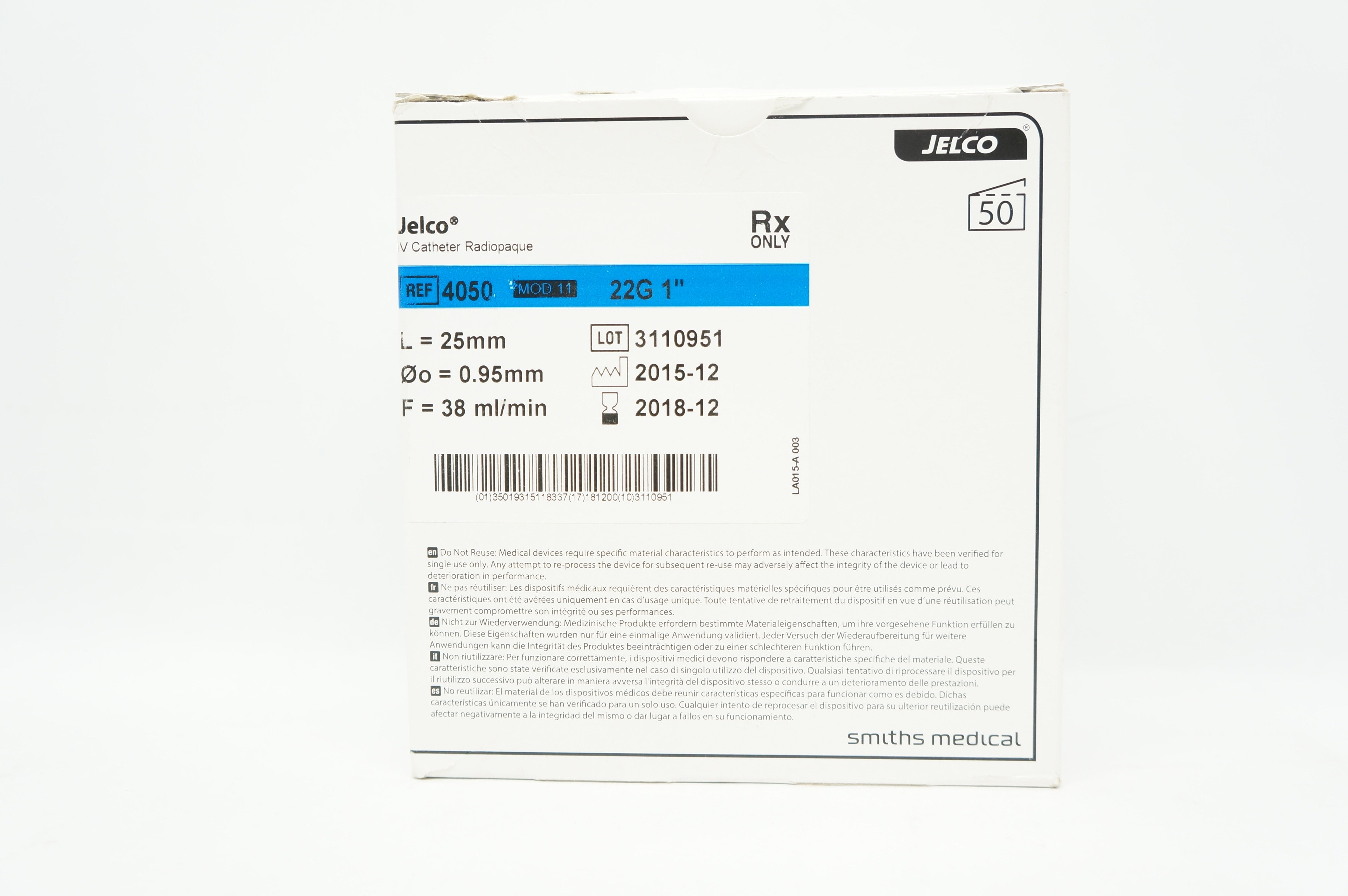 Smiths Medical 4050 Jelco I.V. Cath. Radiopaque 22G x 1in. (x)