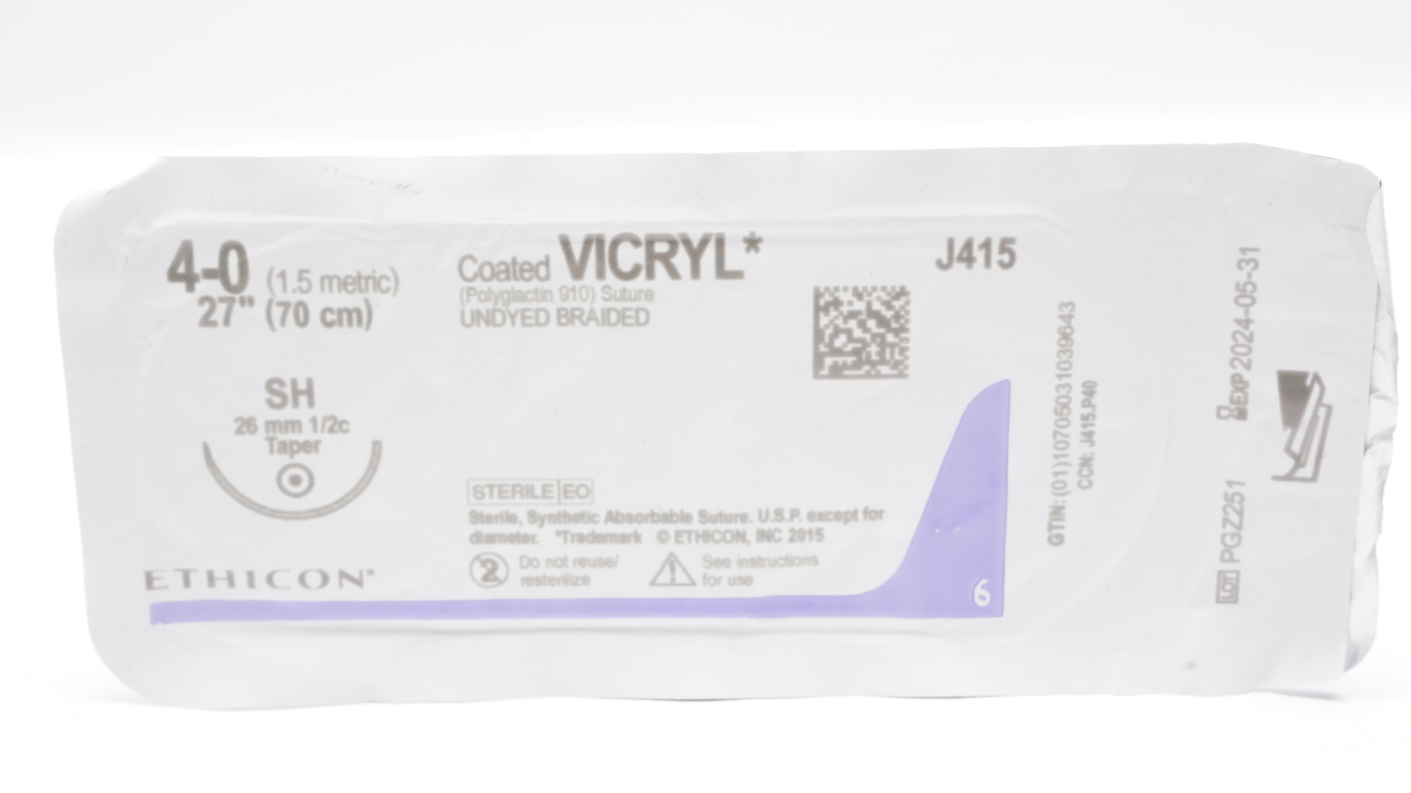 Ethicon J415 4-0 Coated Vicryl Undyed Braided Stre SH 26mm 1/2c Taper, 27inch(x)