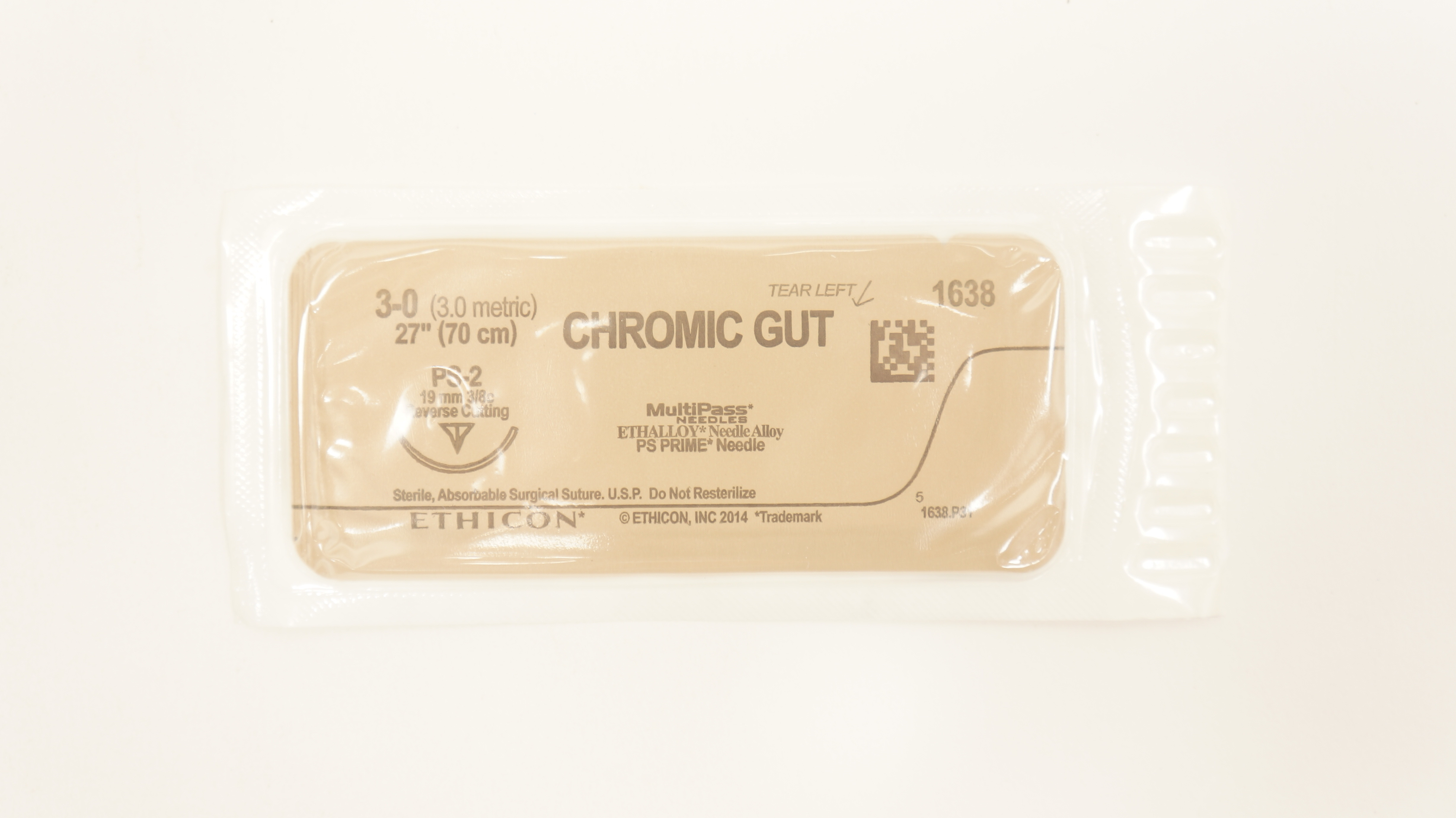 Ethicon 1638 3-0 Chromic Gut PS-2 19mm 3/8c Reverse Cutting, 27inch