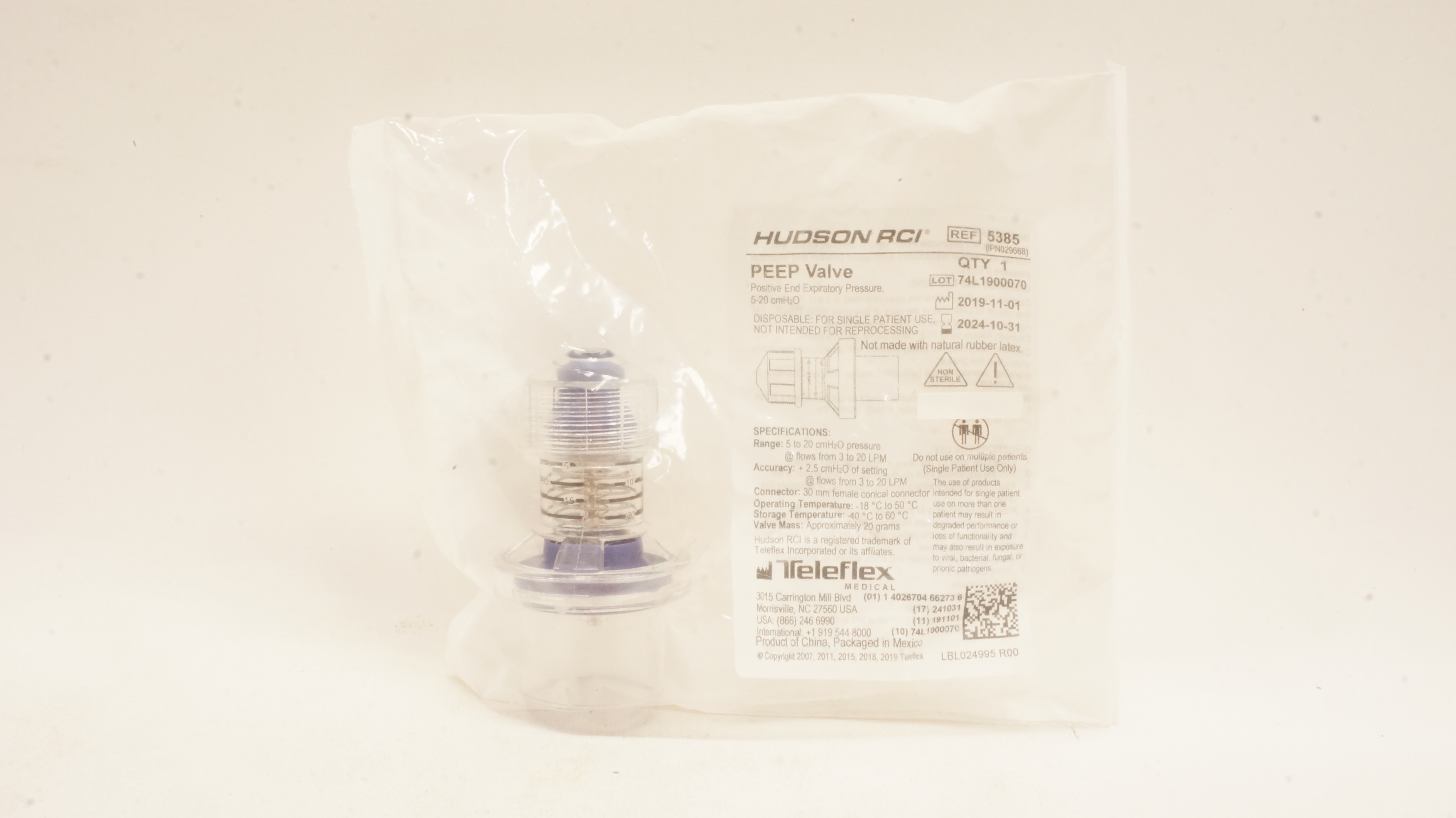 Teleflex 5385 Hudson RCI Peep Valve Positive End Expiratory Pressure, 5-20cm H2O