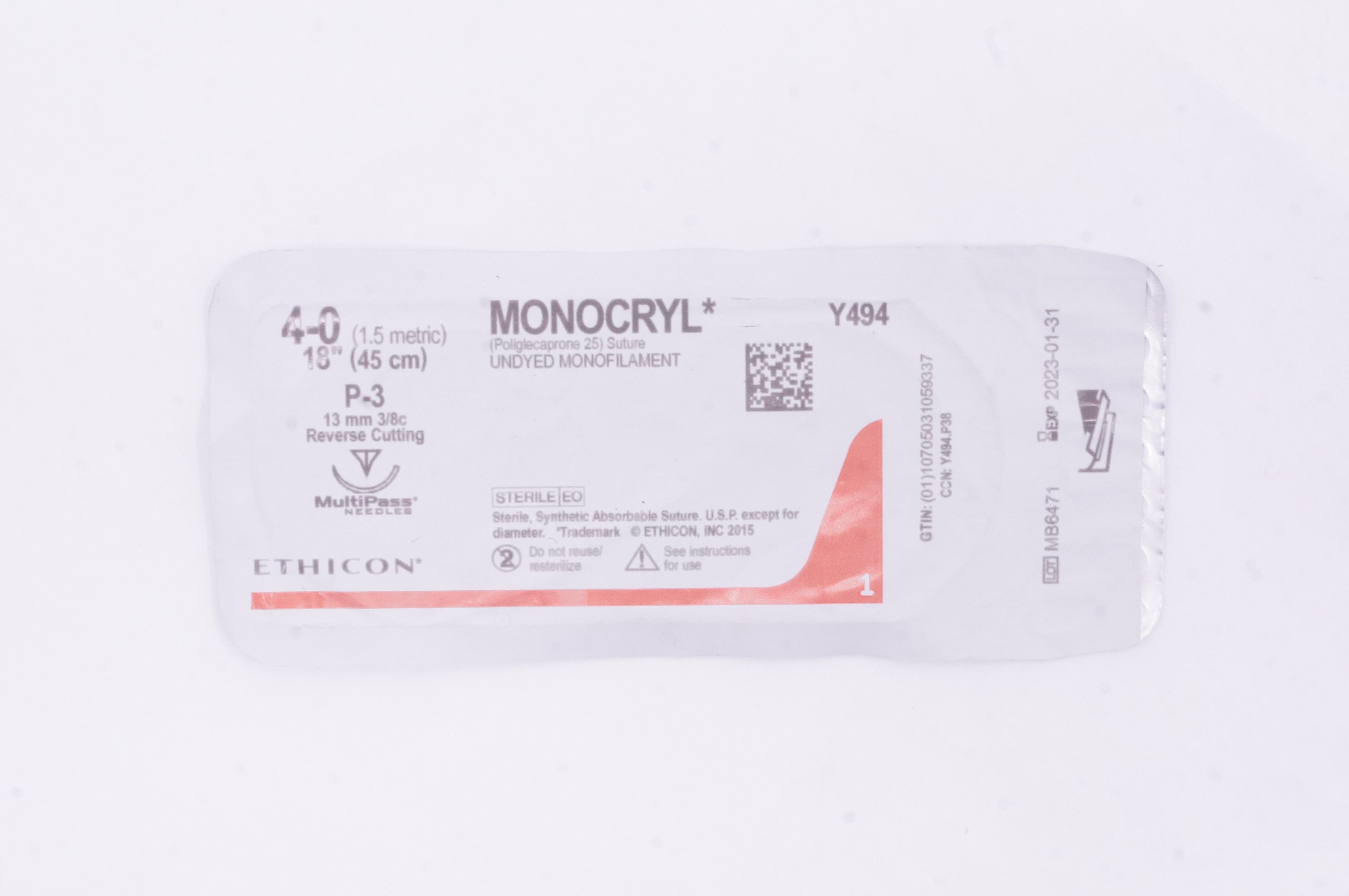 Ethicon Y494 4-0 MONOCRYL Undyed P-3 13mm 3/8c Reverse Cutting, 18inch