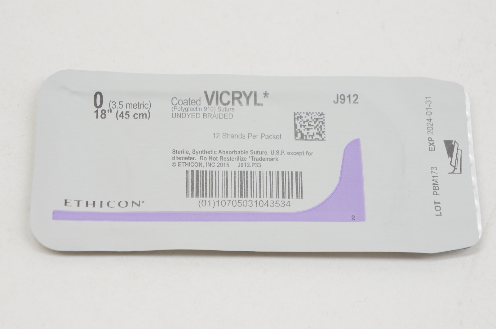 Ethicon J912 0 VICRYL, Undyed Braided, 18inch