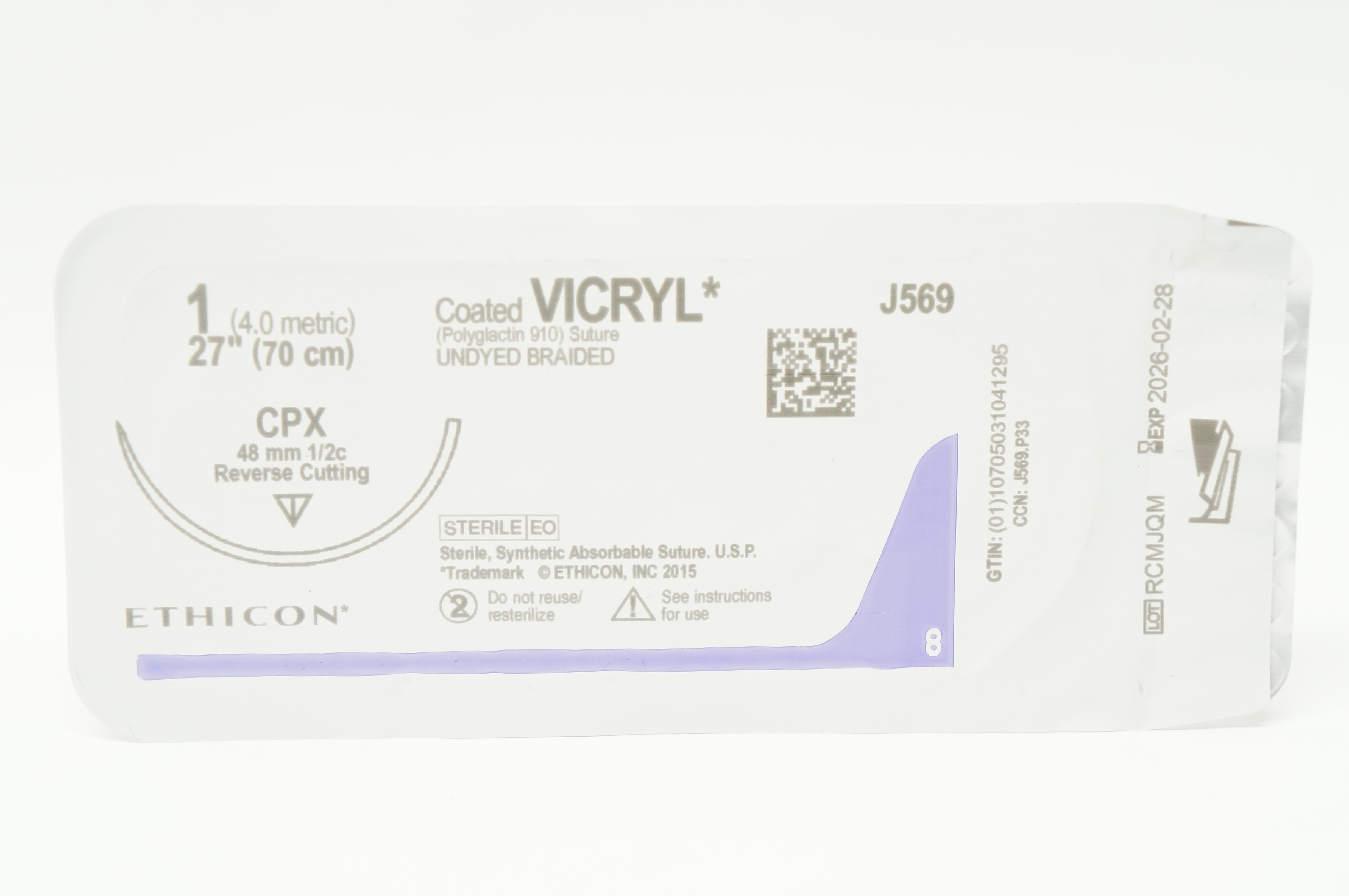 Ethicon J569 1 VICRYL, CPX, 48mm 1/2c Reverse Cutting, 27inch