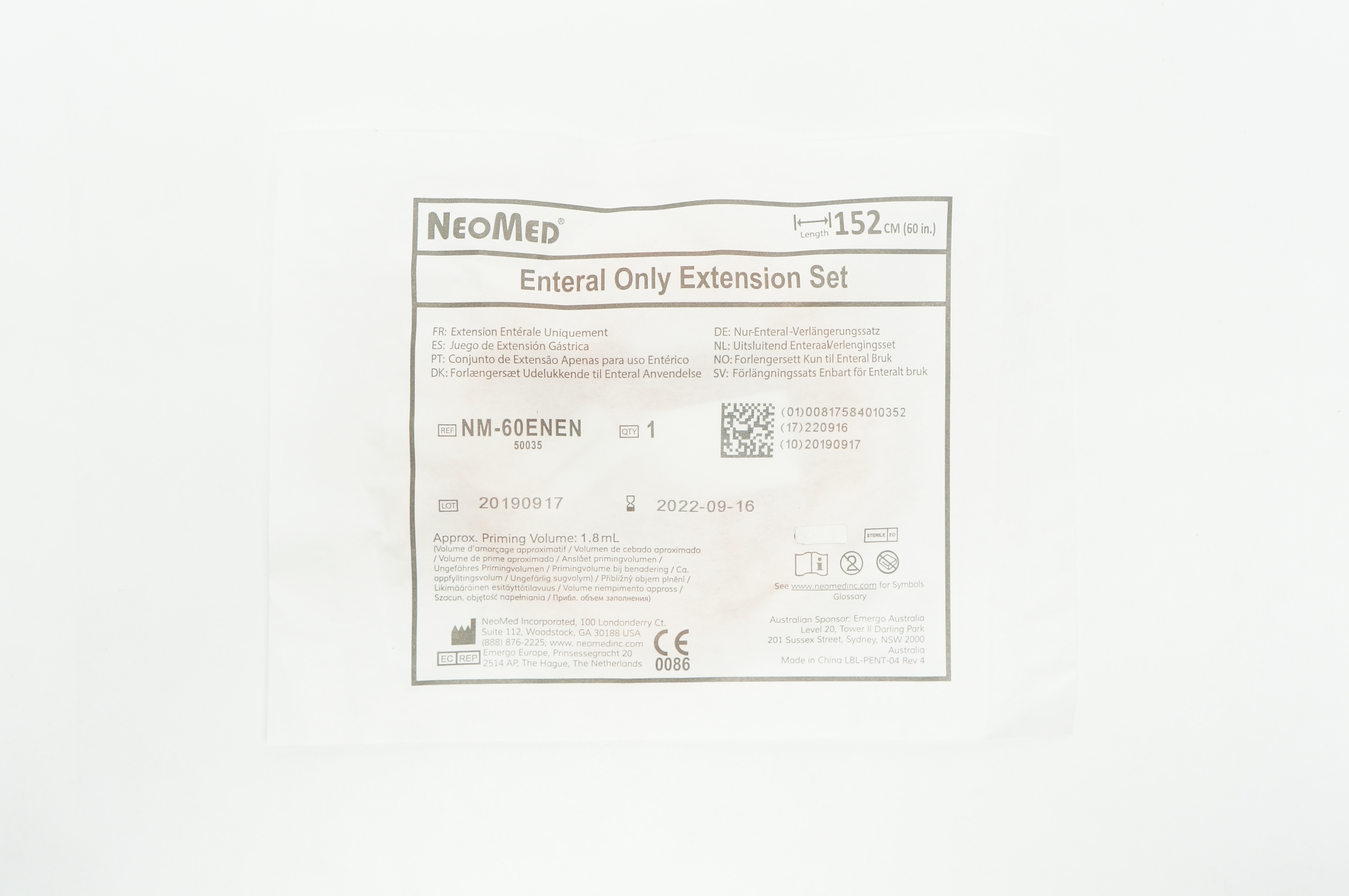 NeoMed NM-60ENEN Enteral Only Extension Set 60inch, Approx. Volume 1.8mL
