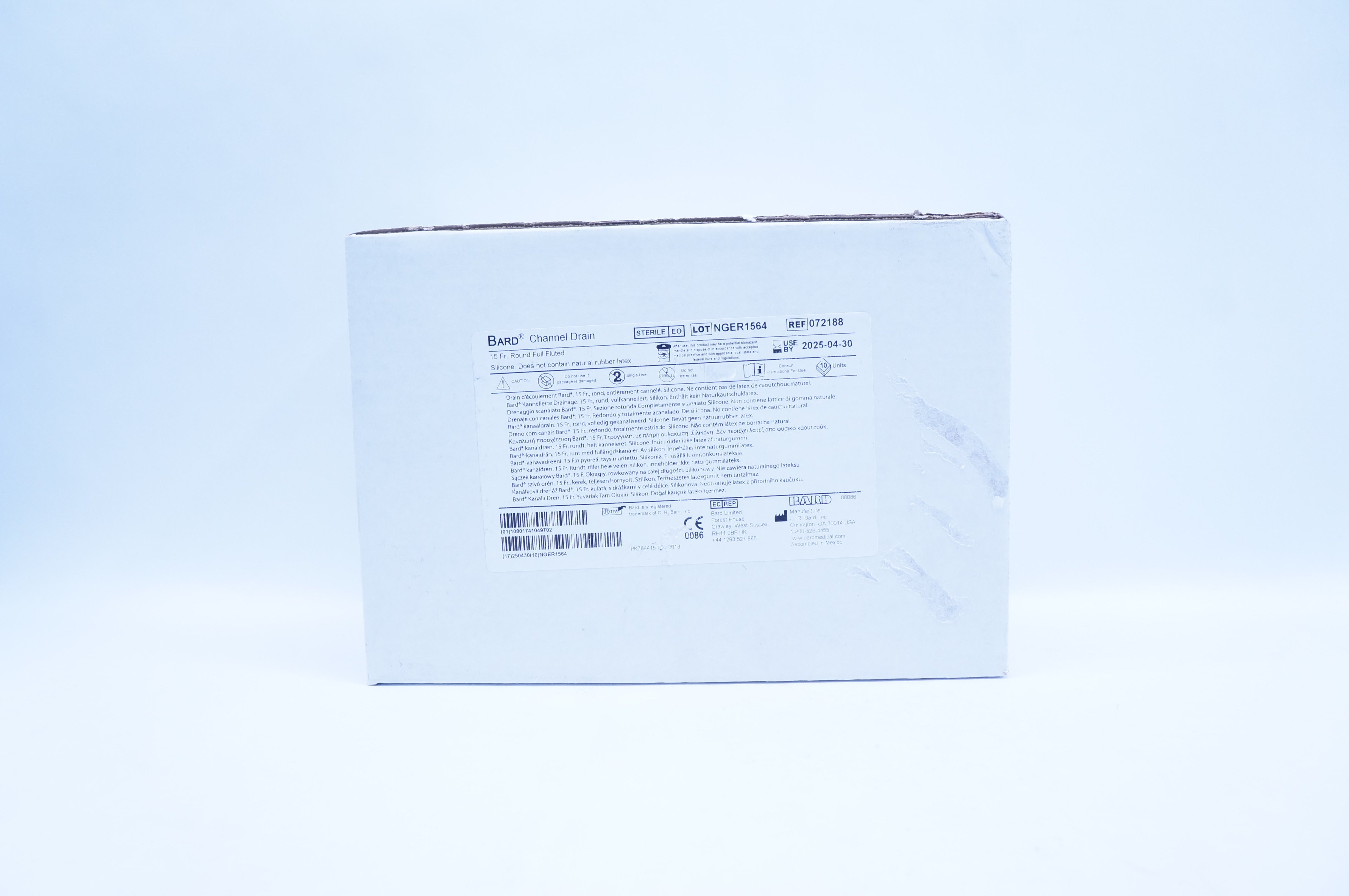 Bard 072188 Channel Drain Round Full Fluted Silicone, 15 Fr. - Box of 10