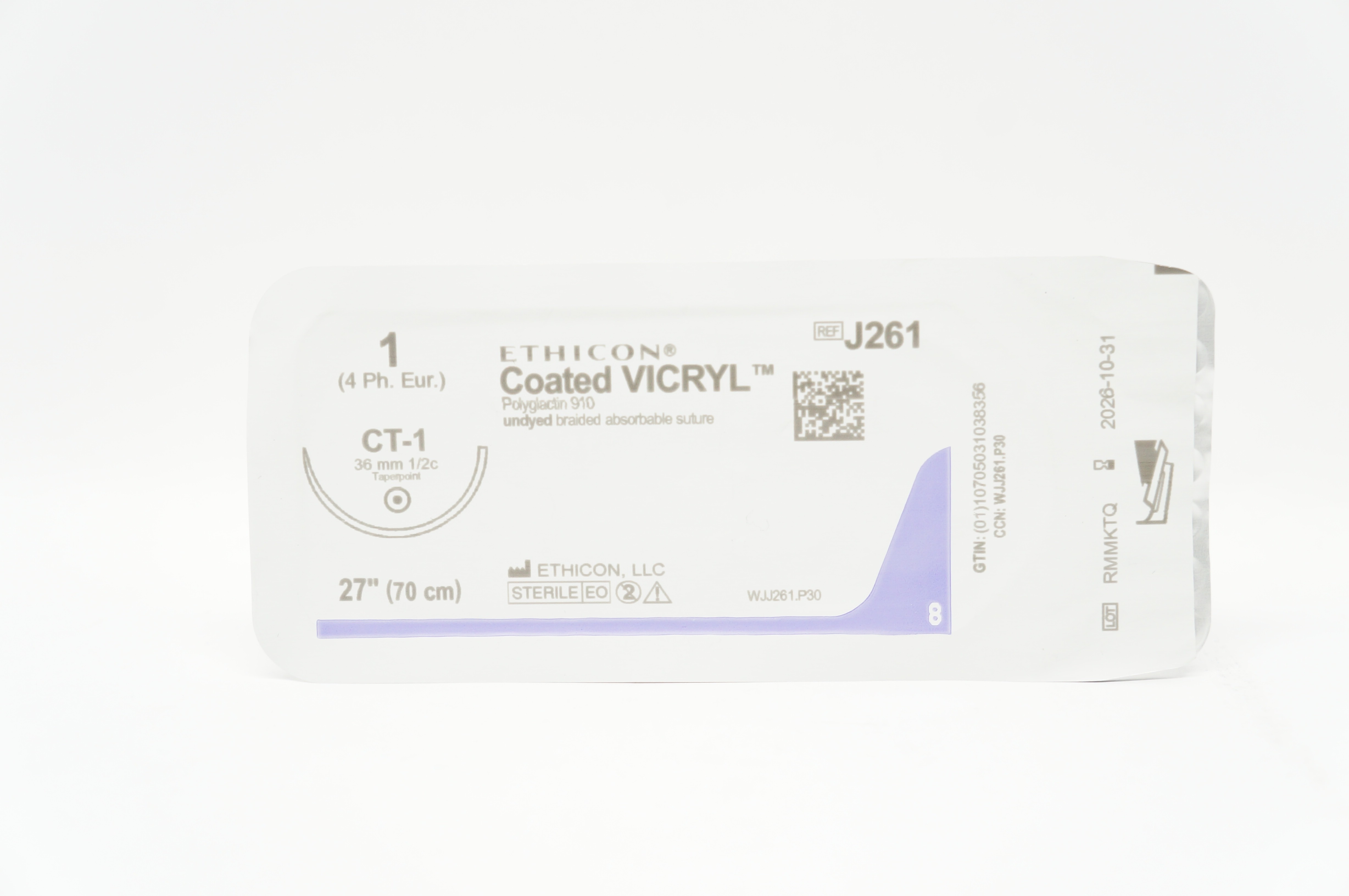 Ethicon J261 1 Coated VICRYL, CT-1 36mm 1/2c Taperpoint, 27inch