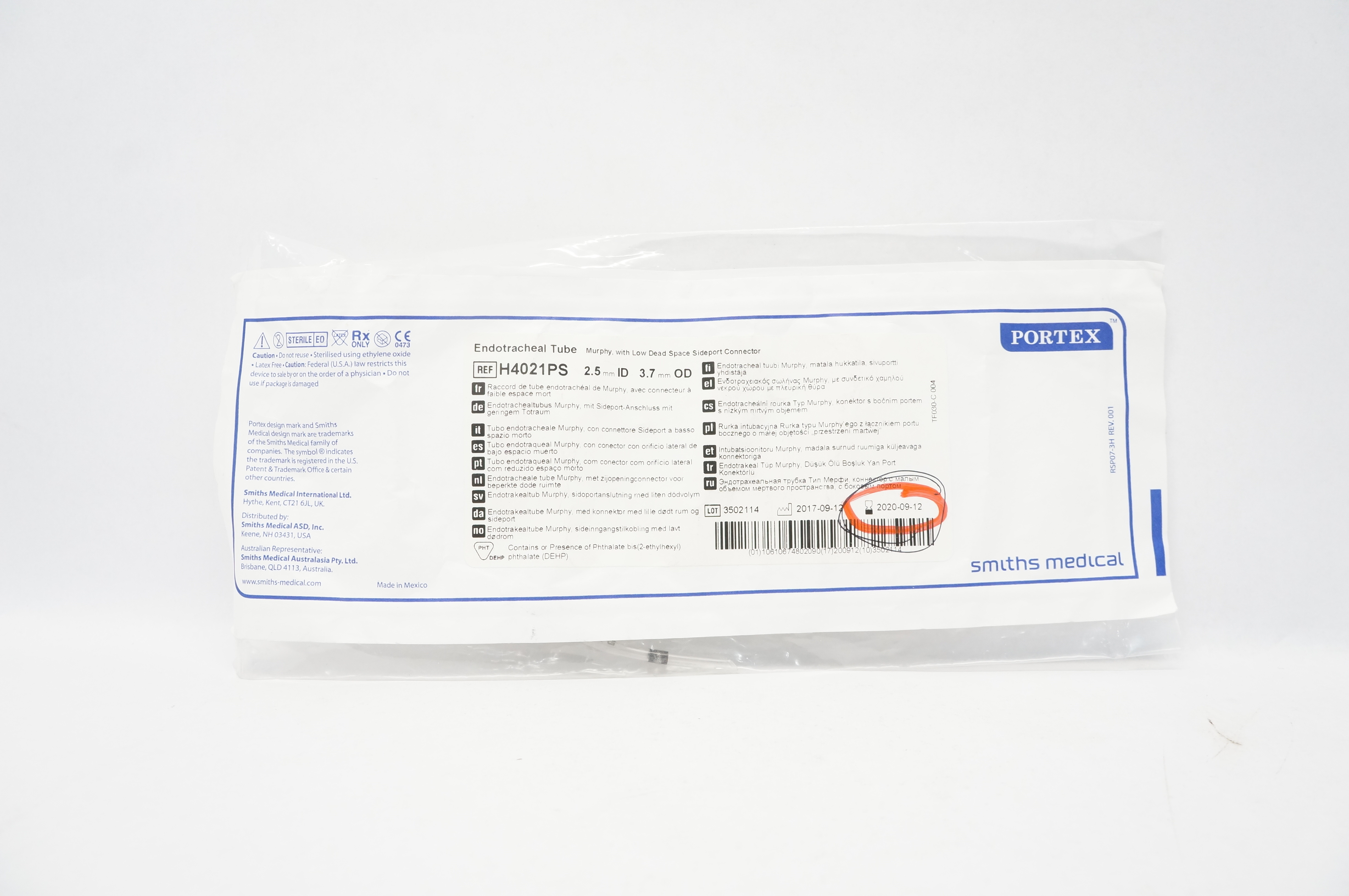 Smiths Medical H4021PS Portex Endotracheal Tube 2.5mm ID x 3.7mm OD (x)