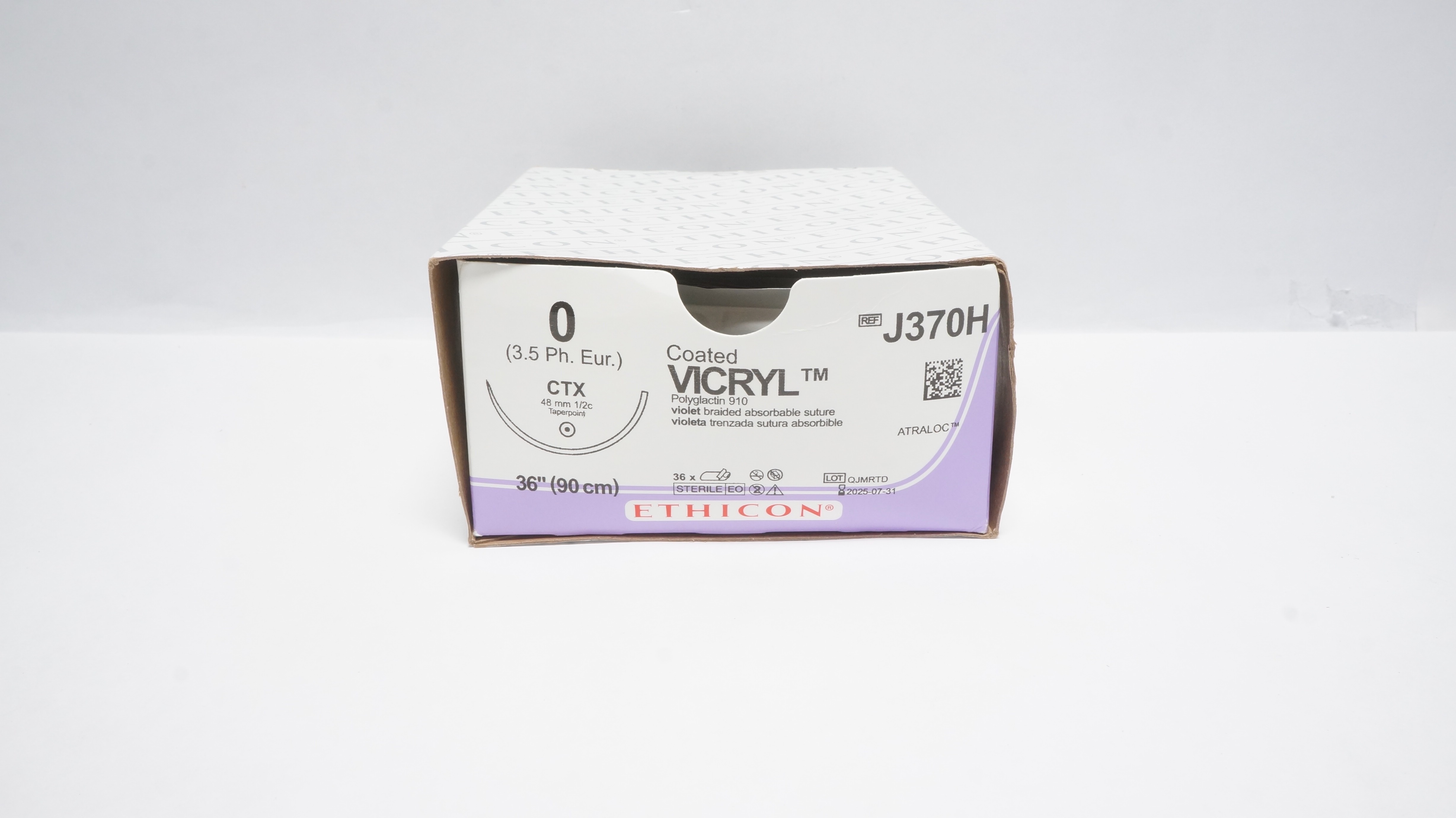 Ethicon J370H 0 Coated Vicryl ,CTX, 48mm 1/2c Taperpoint, 36inch (x) - Box of 34