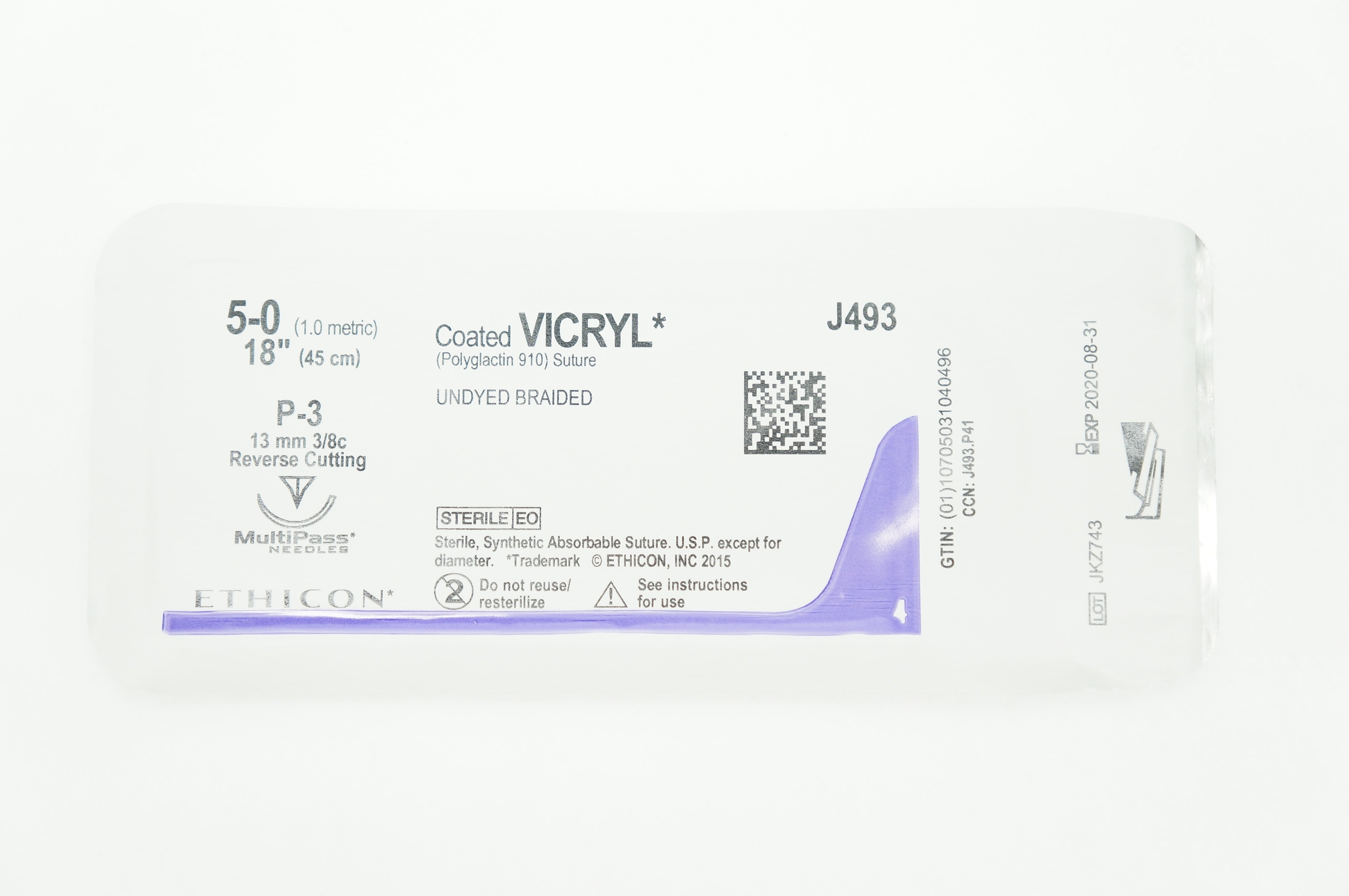 Ethicon J493 5-0 Coated VICRYL P-3 13mm 3/8c Reverse Cutting 18inch (x)