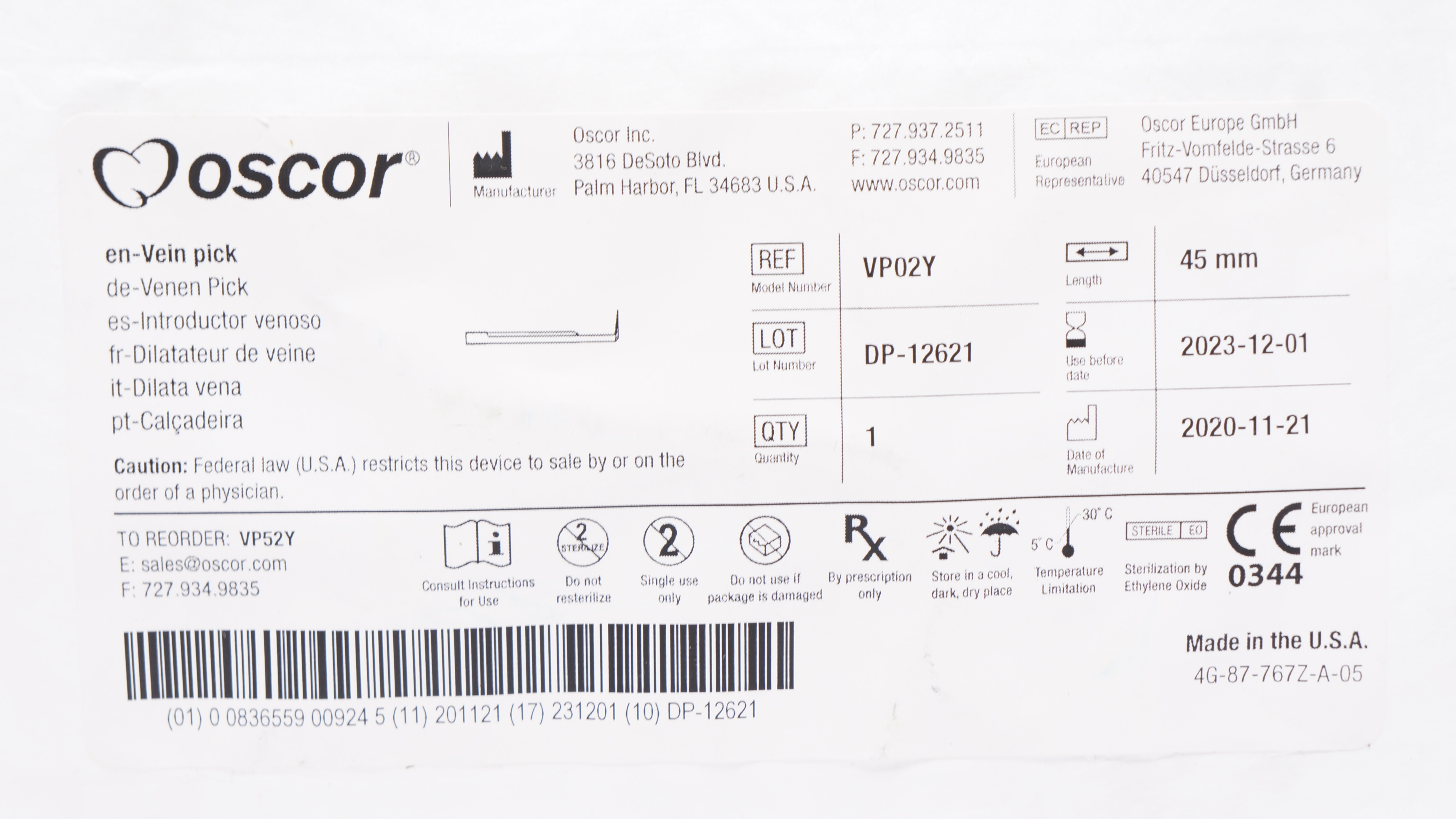 Oscor VP02Y Vein Pick 45mm