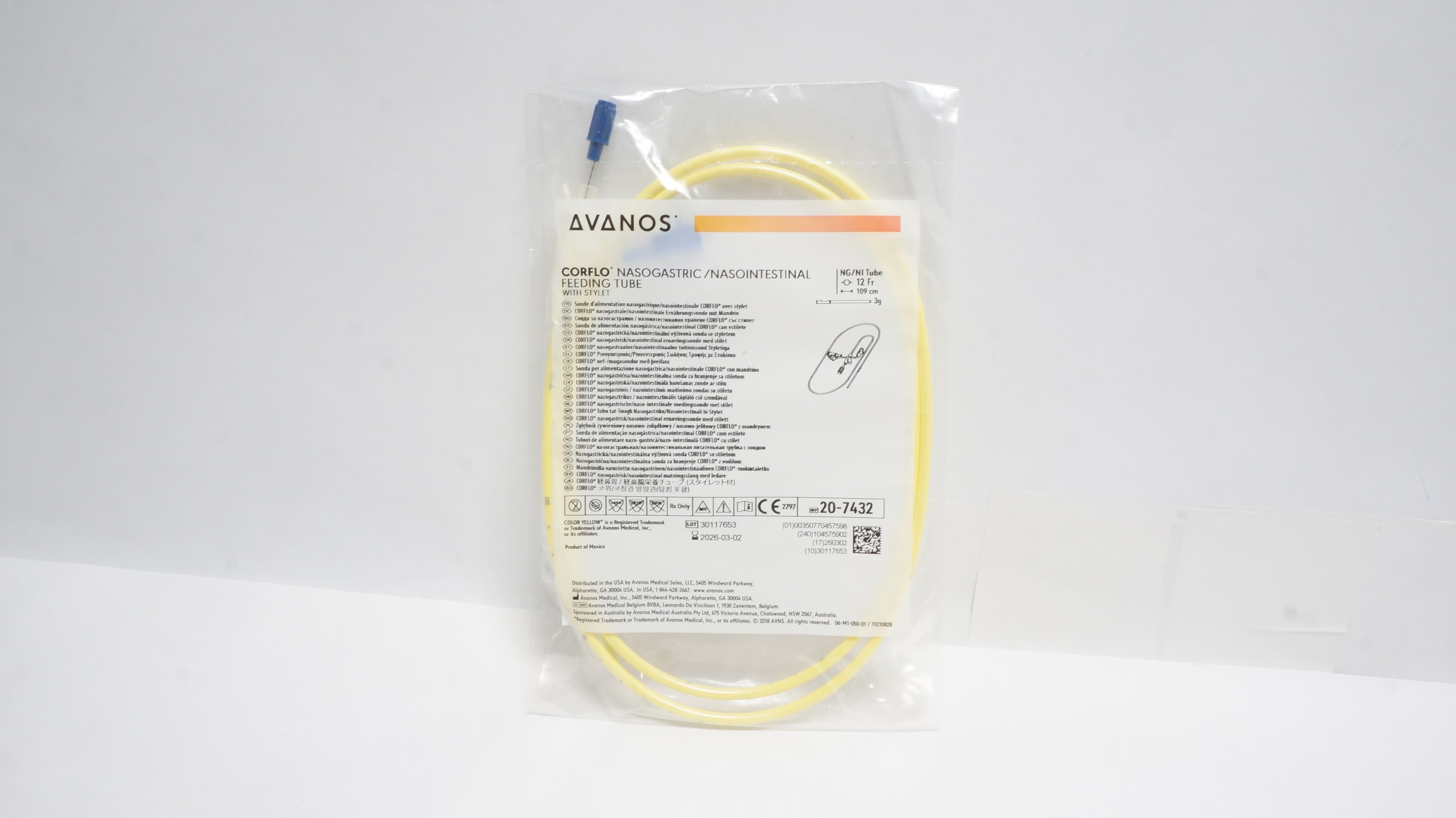 Avanos 20-7432 Corflo Nasogastric/Nasointestinal Feeding Tube 12Fr x 109cm 3g(x)