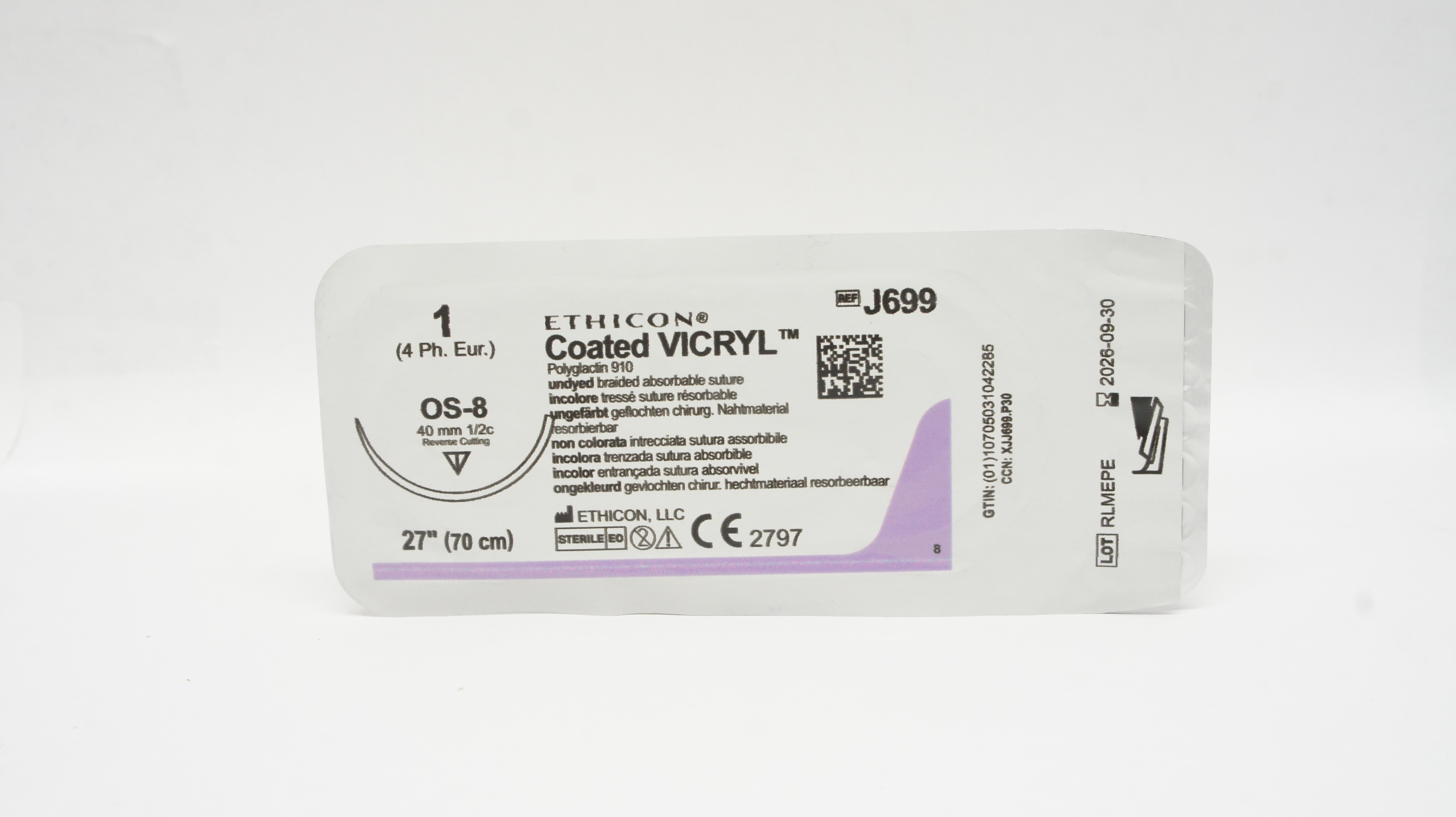 Ethicon J699 1 Coated VICRYL Stre, OS-8 40mm 1/2c Reverse Cutting 27inch