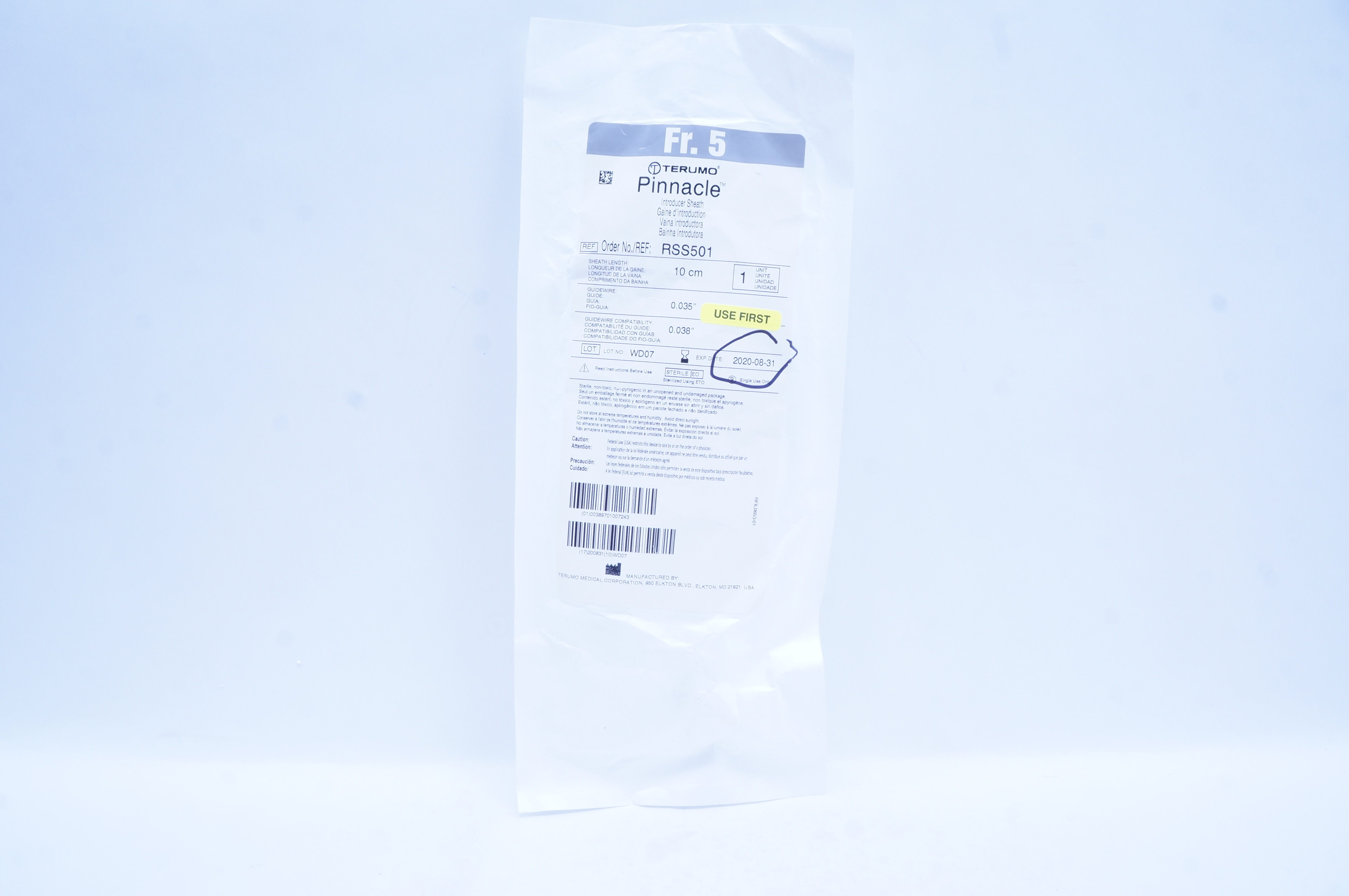 Terumo RSS501 Pinnacle Introducer Sheath 5 Fr. 10cm x 0.035inch x 0.038inch (x)