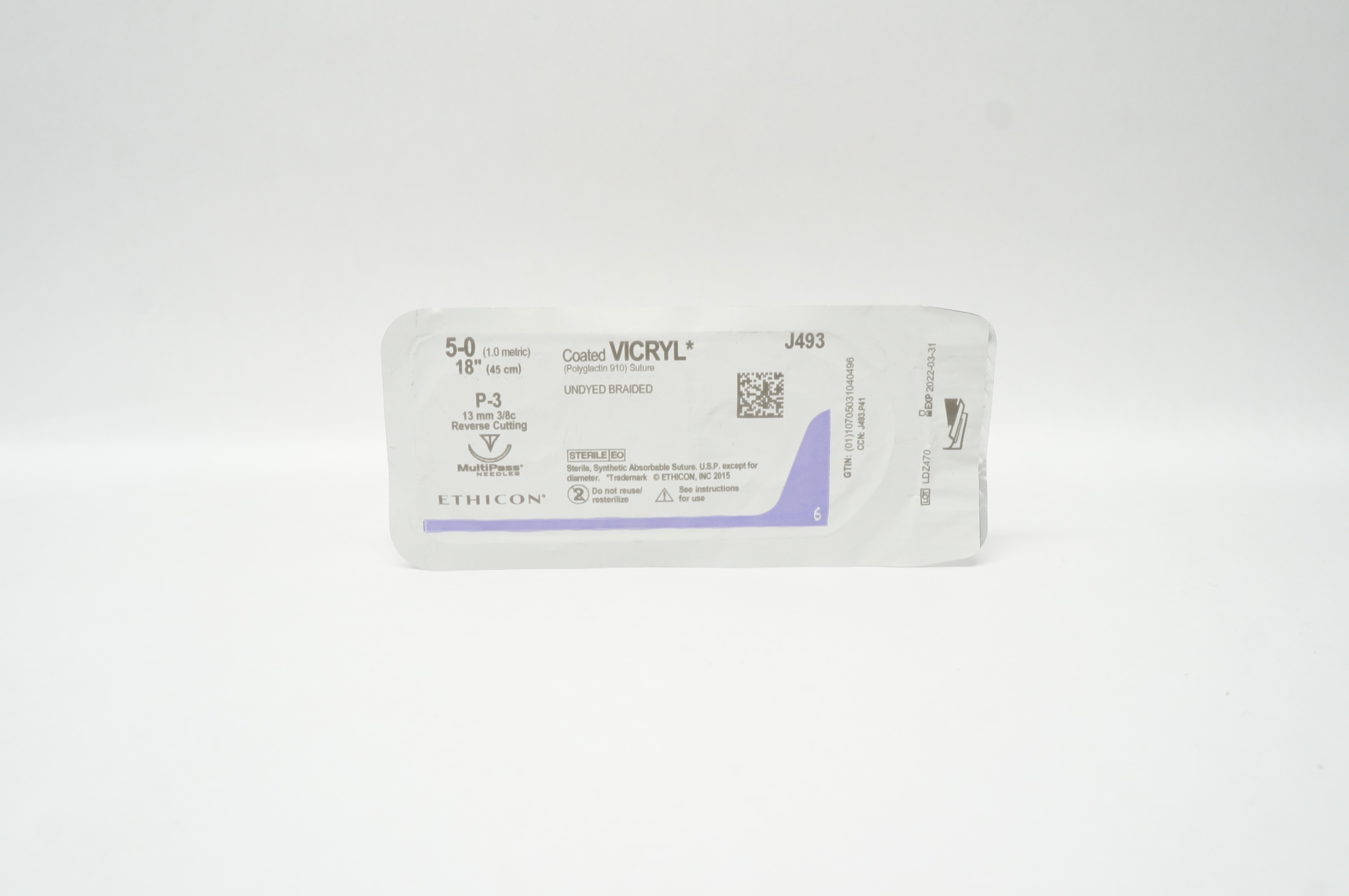 Ethicon J493 5-0 Coated VICRYL P-3 13mm 3/8c Reverse Cutting 18inch