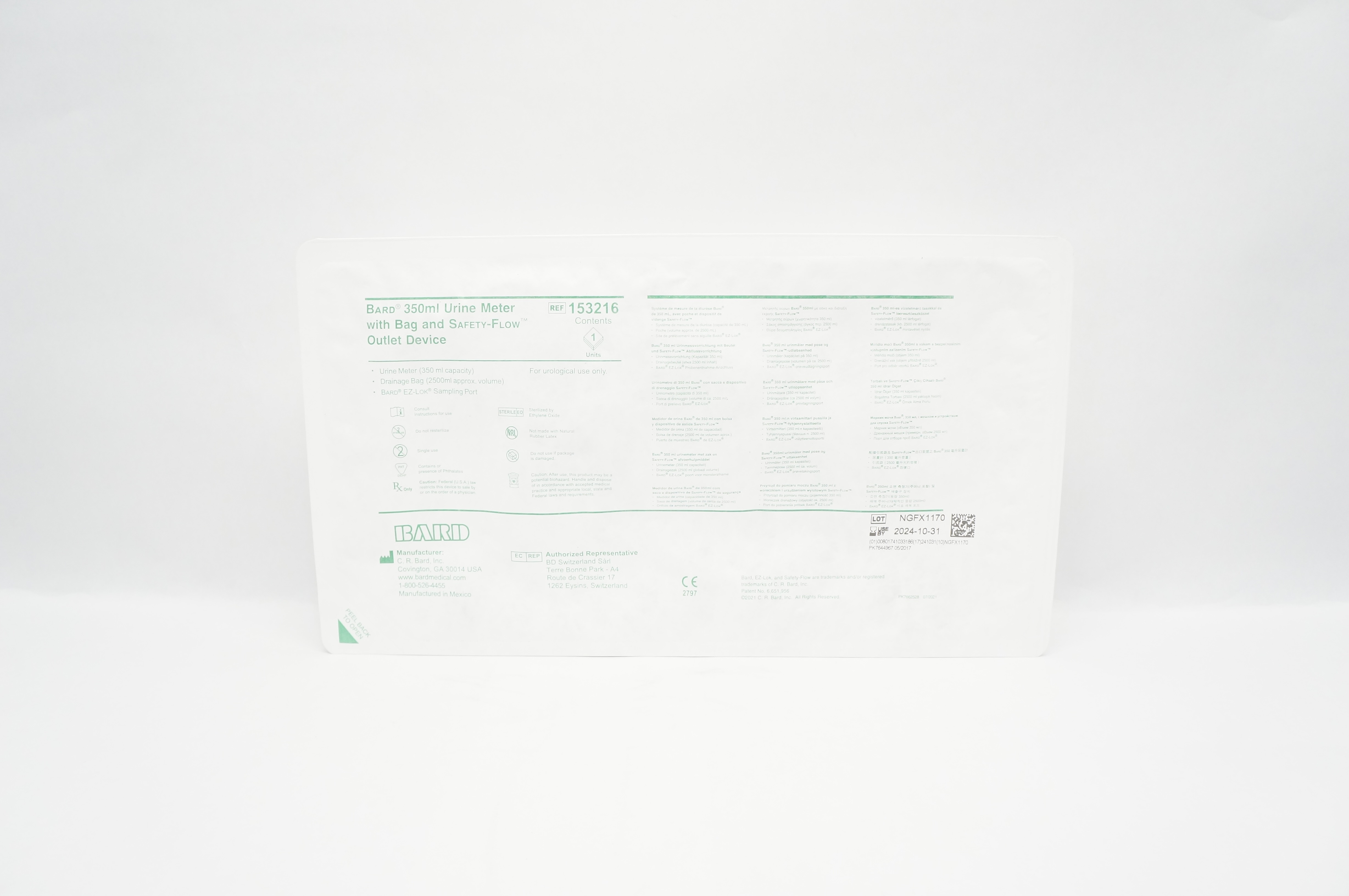 Bard 153216 Urine Meter with Bag and Safety-Flow Outlet Device 350 mL