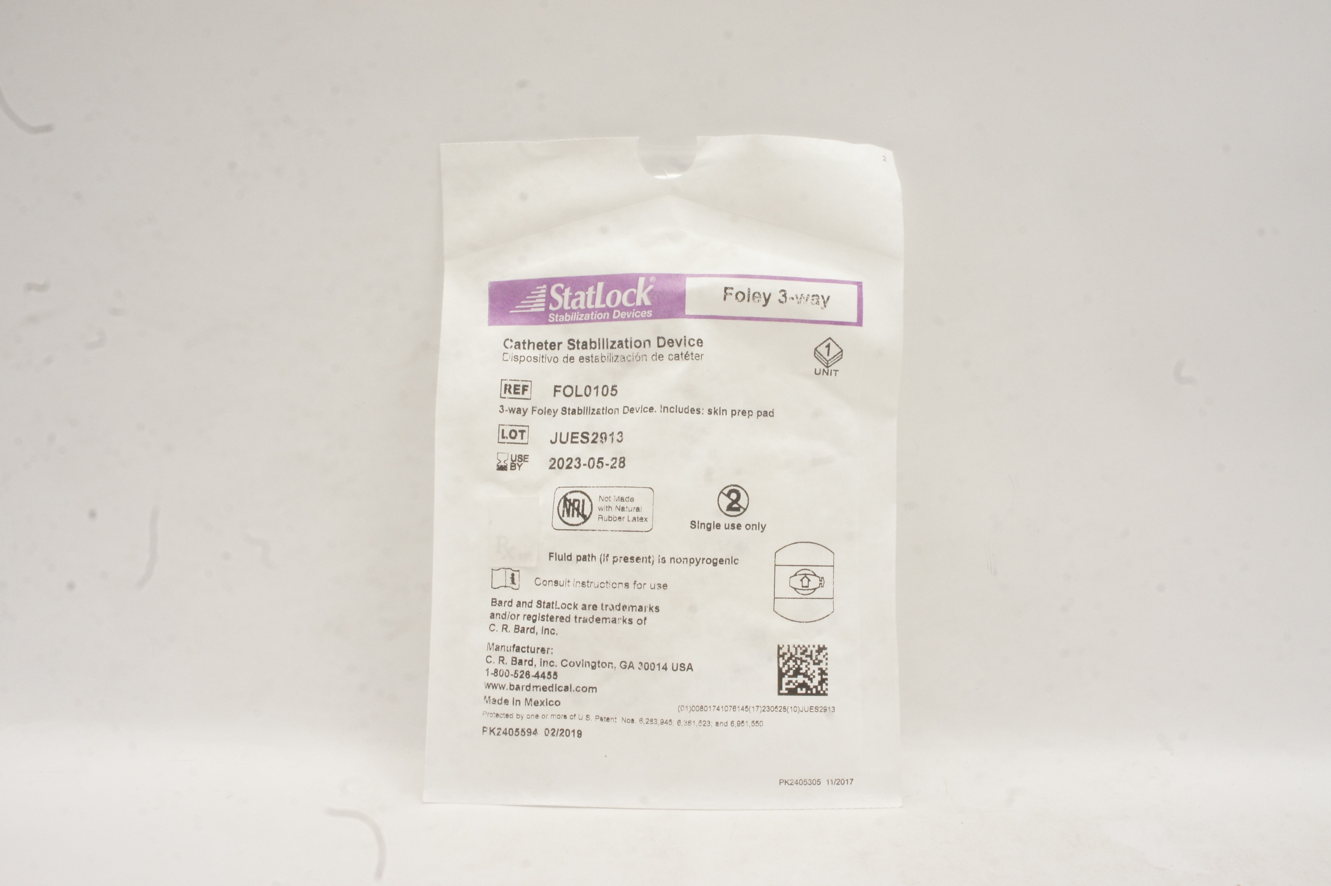 Bard FOL0105 StatLock Foley 3-way Cath. Stabilization Device