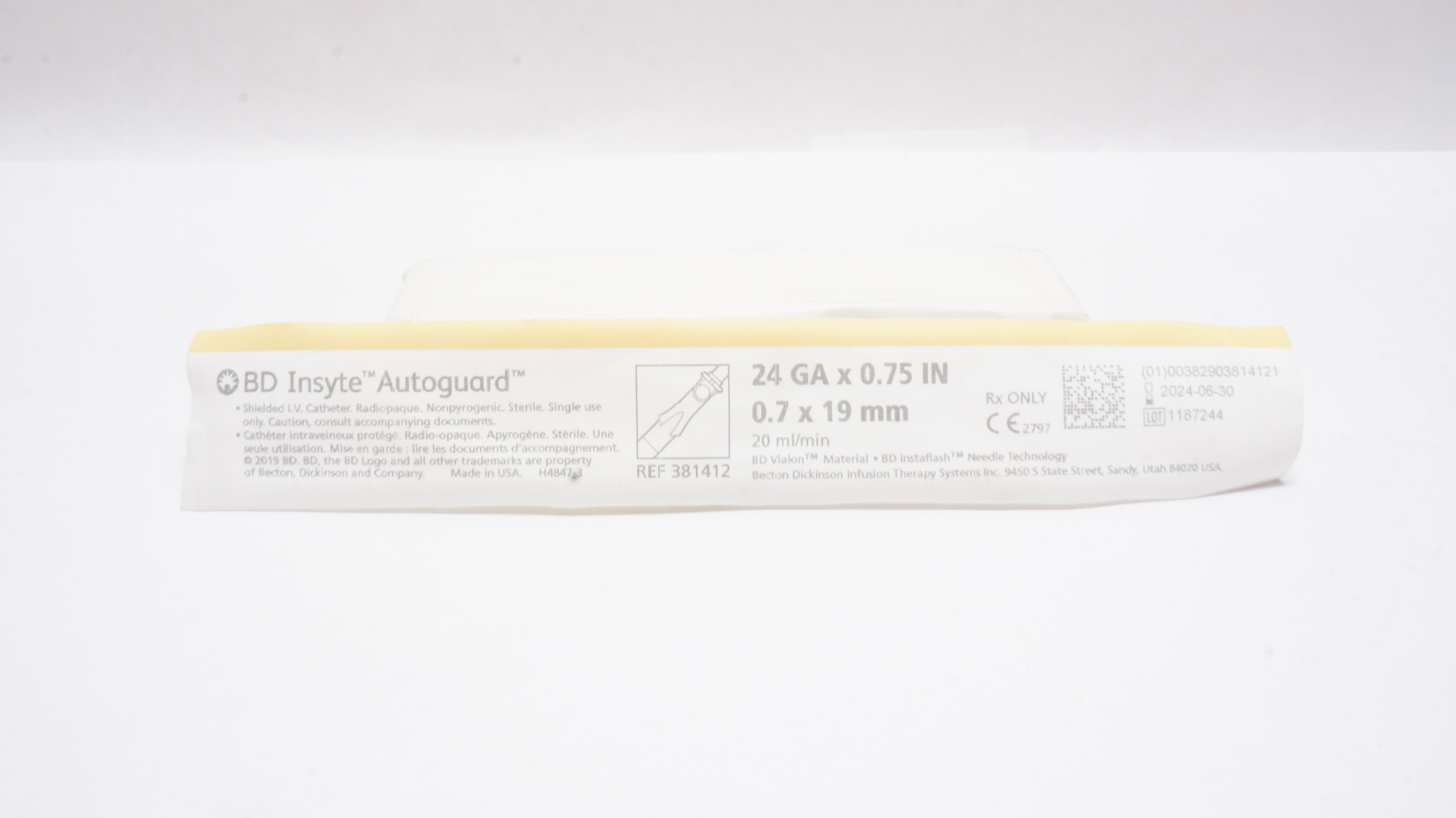 BD 381412 BD Insyte Autoguard Shielded I.V. Cath. 24Ga x 0.75 inch 20ml/min