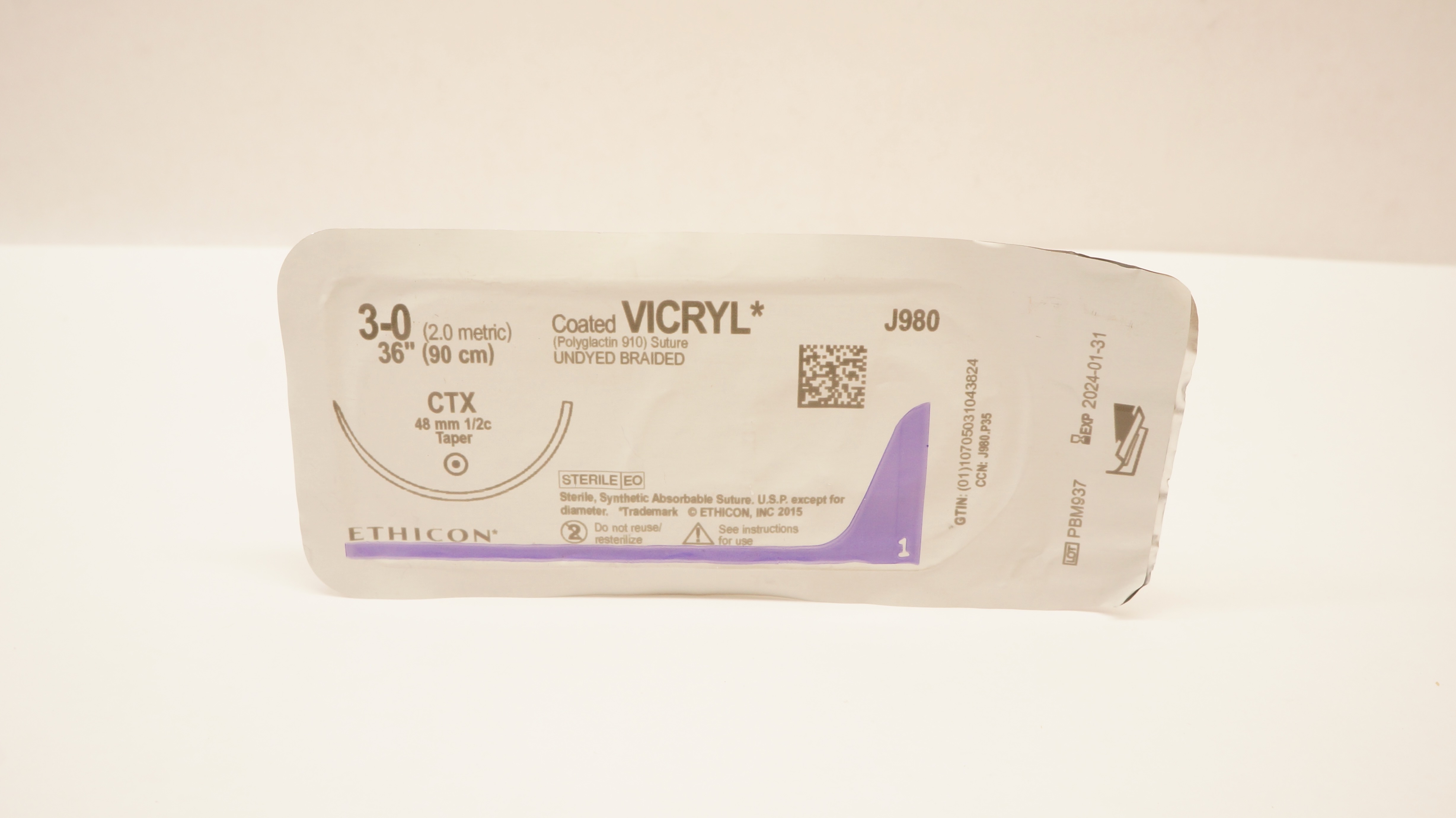 Ethicon J980 3-0 Coated Vicryl Polyglactin 910 Stre CTX 48mm 1/2c Taper, 36inch