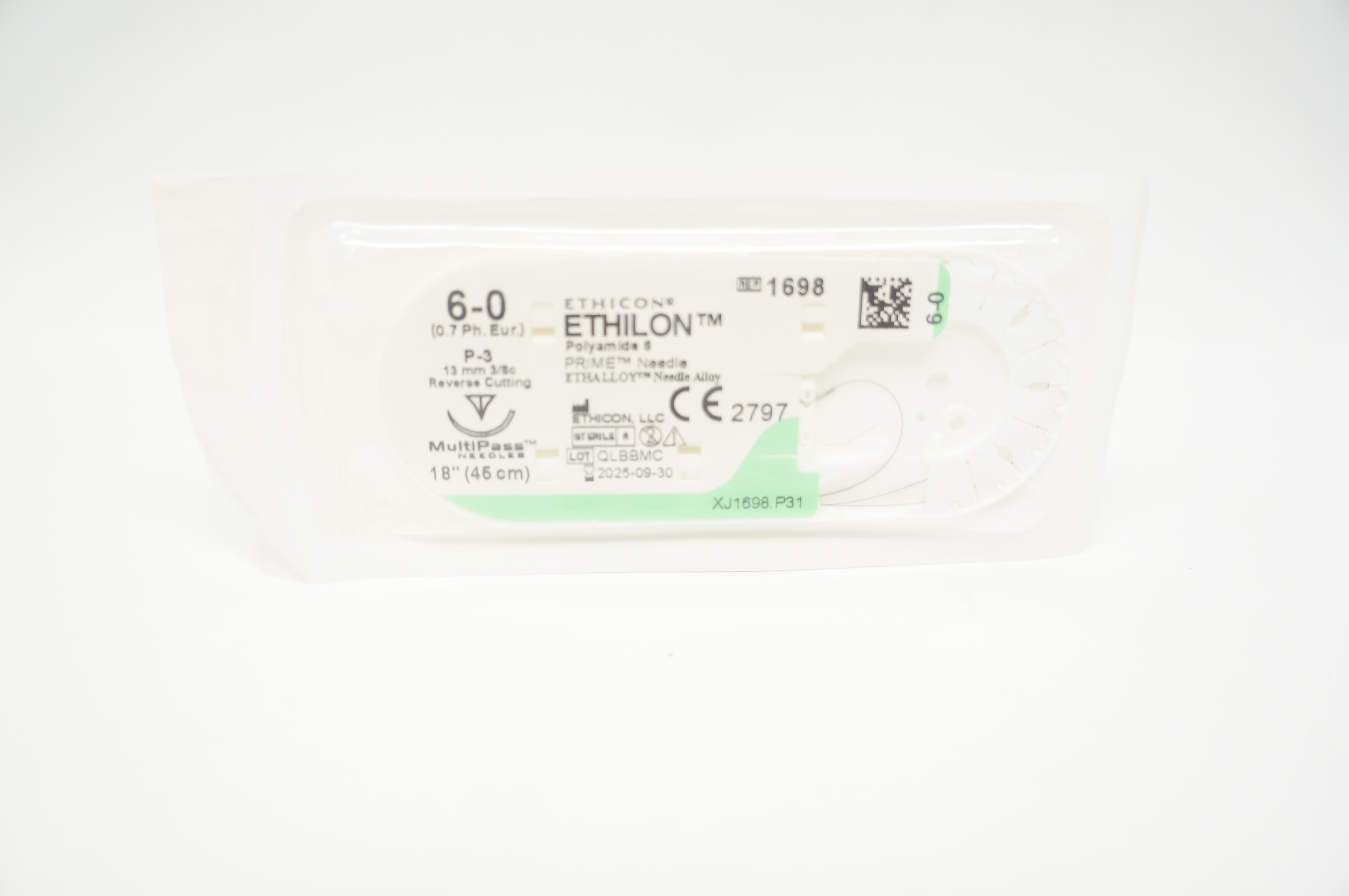 Ethicon 1698 6-0 Ethilon Polyamide 6 Stre P-3 13mm 3/8c Reverse Cutting, 18inch