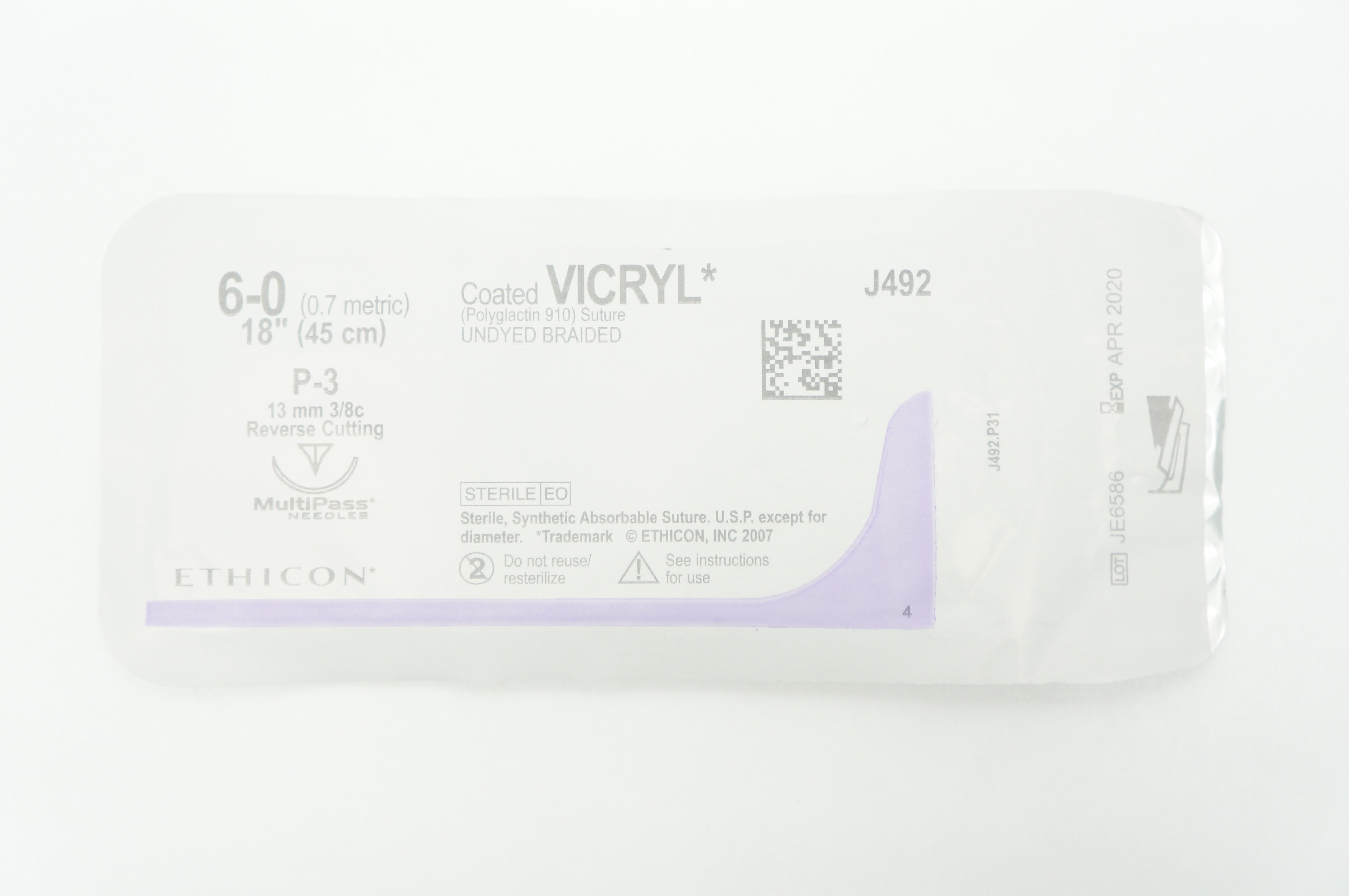 Ethicon J492 6-0 VICRYL P-3 13mm 3/8c Reverse Cutting 18inch (x)