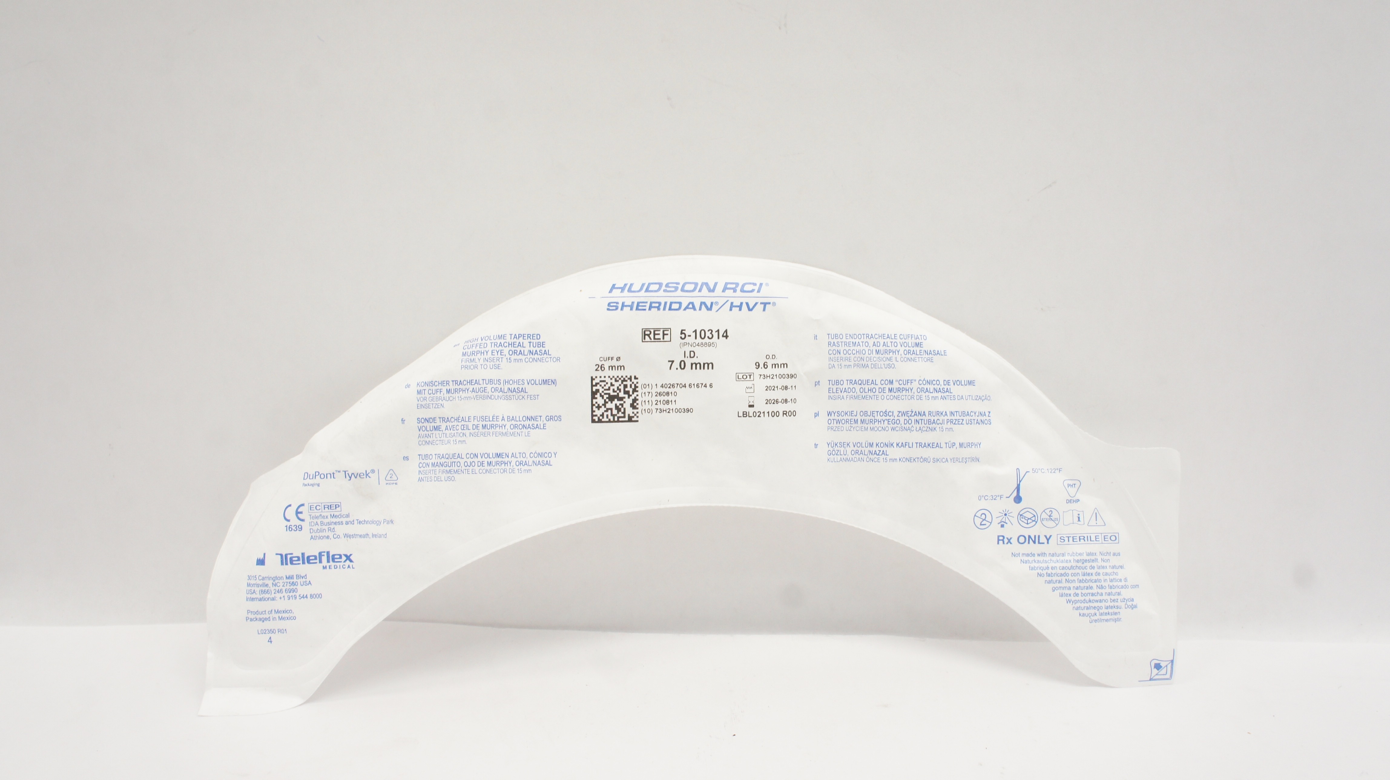 Teleflex 5-10314 Hudson RCI Sheridan HVT Cuffed Tracheal Tube 7.0 x 9.6 x 26mm