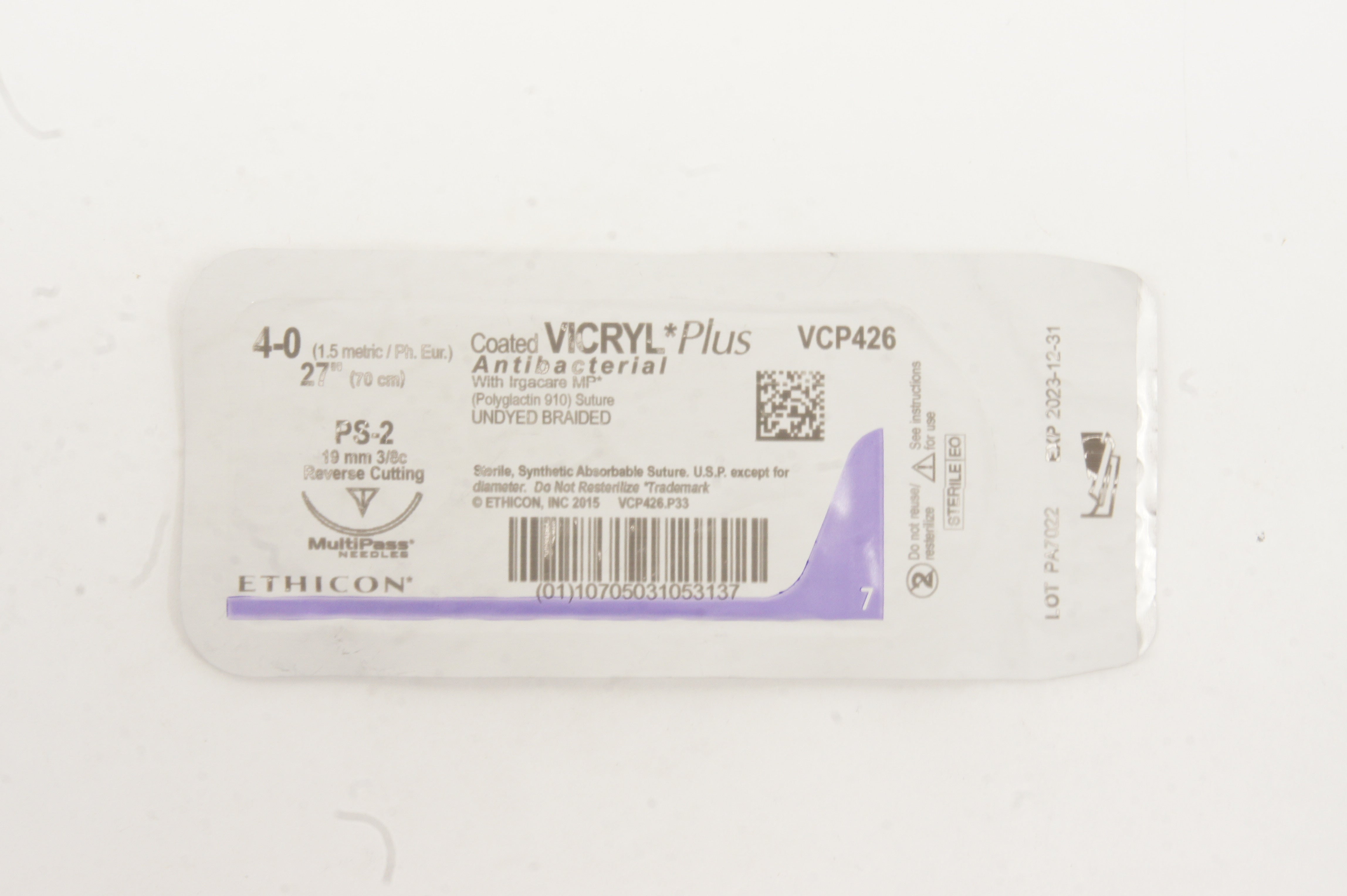 Ethicon VCP426 4-0 Vicryl Plus PS-2, 19mm 3/8c Reverse Cutting, 27inch