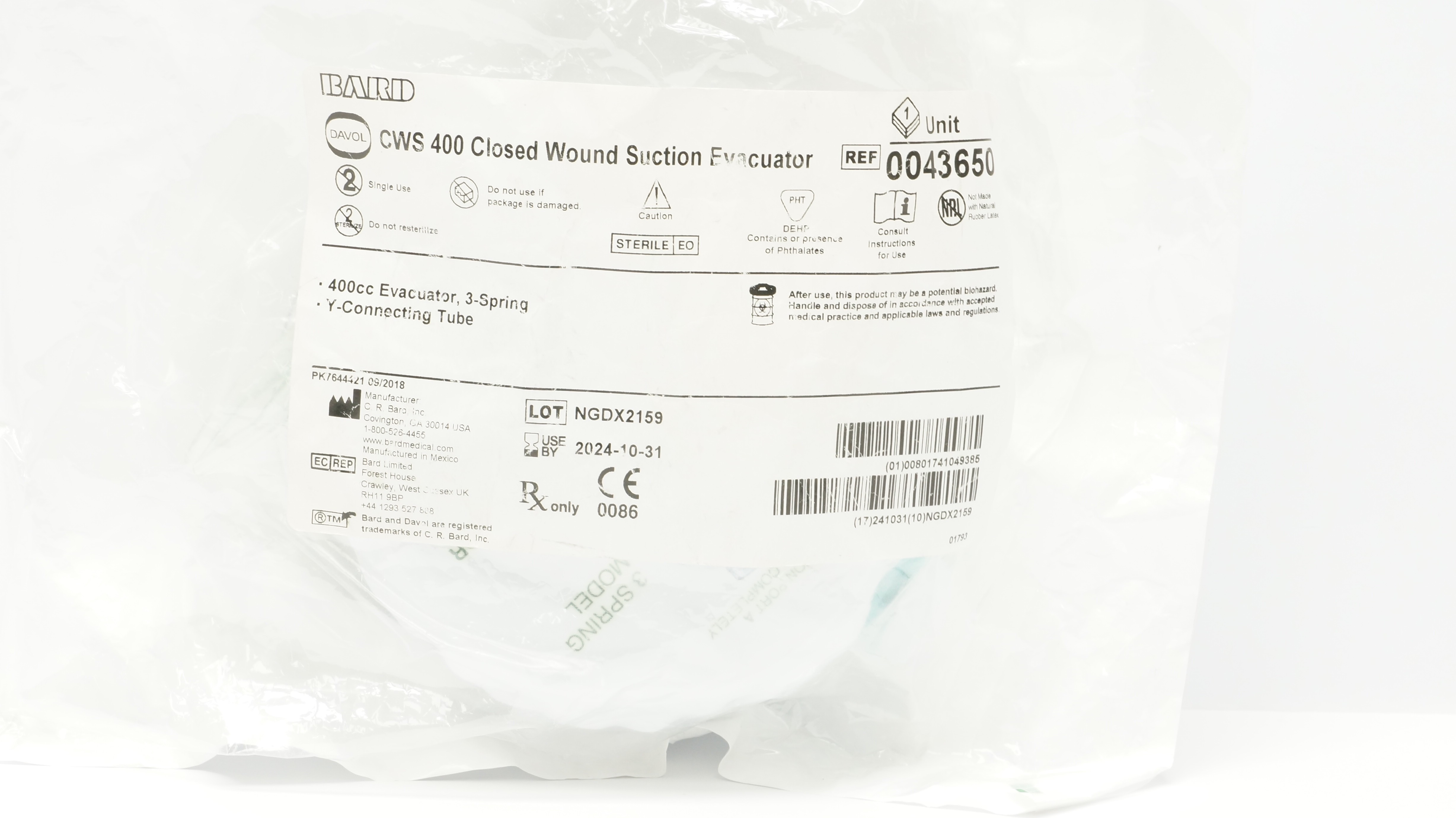 Bard 0043650 Davol CWS 400 Closed Wound Suction Evacuator (x)