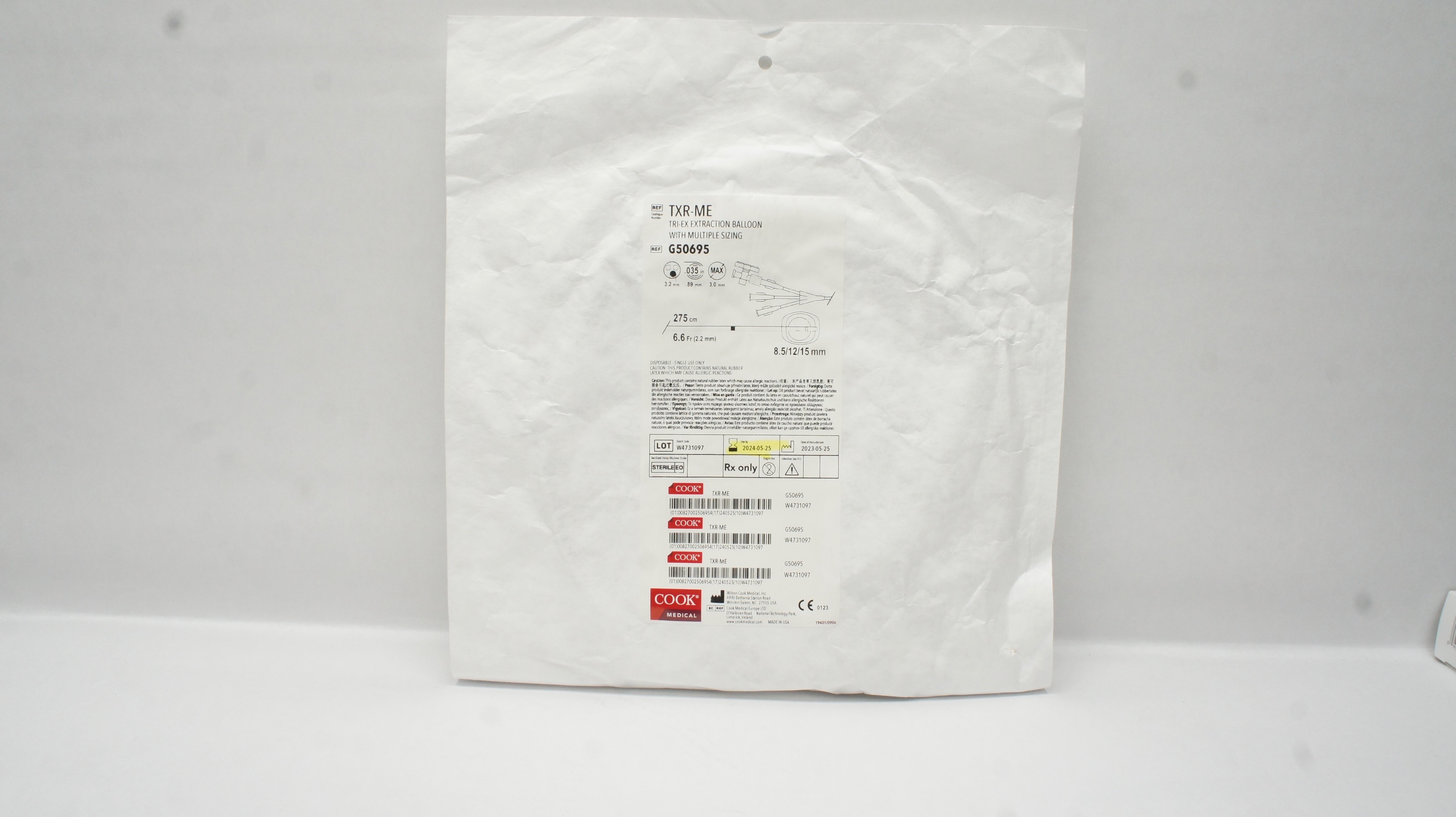 Cook Medical G50695 TRI-EX Extraction Balloon w/Multiple Sizing 6.6Fr x 275cm