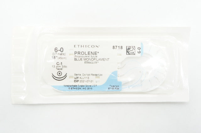Ethicon M8718 6-0 Prolene C-1 13mm 3/8c Taper, 18inch (x)