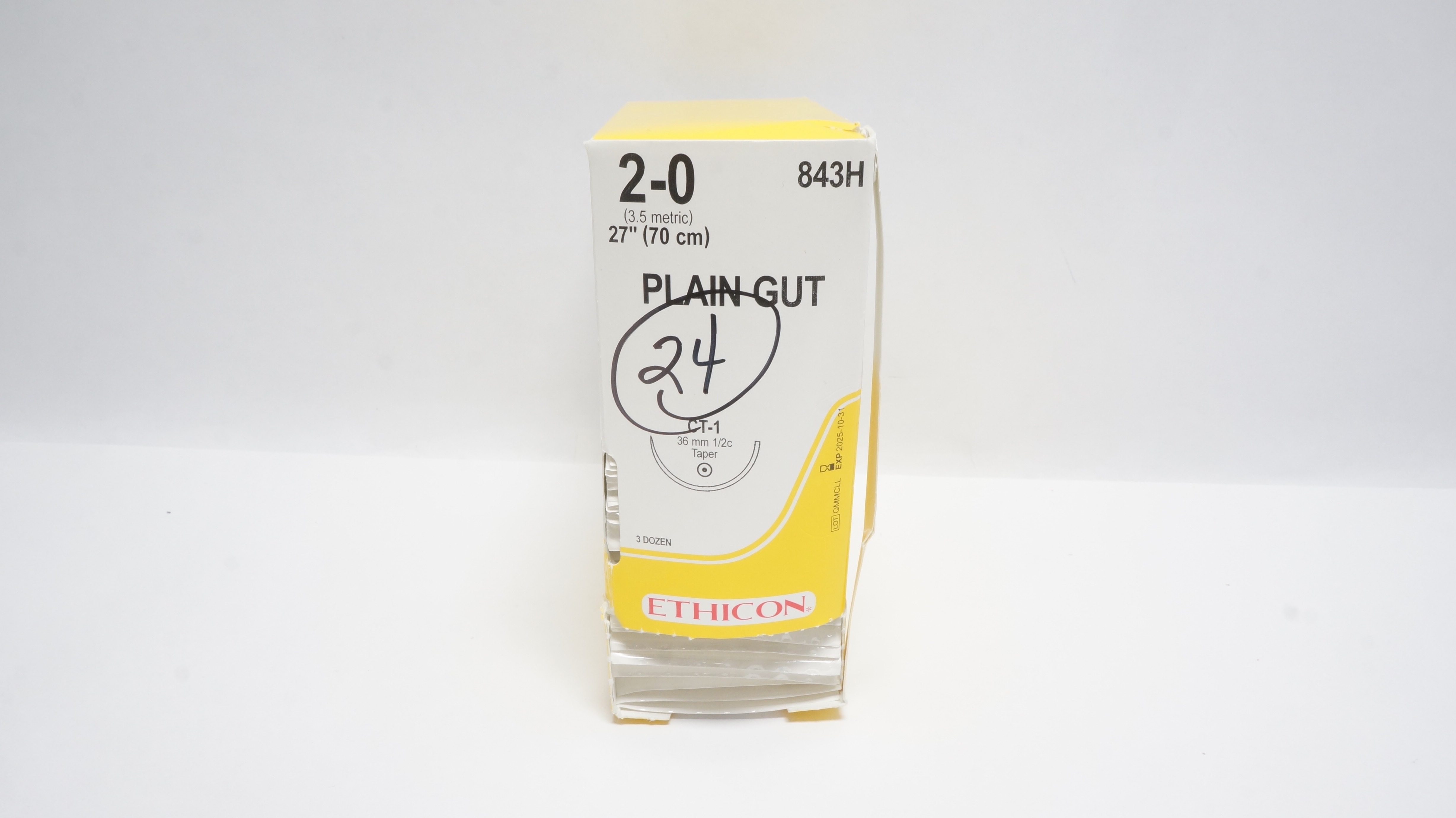 Ethicon 843H 2-0 Plain Gut CT-1 36mm 1/2c Taper 27 inch - Box of 24 (x)