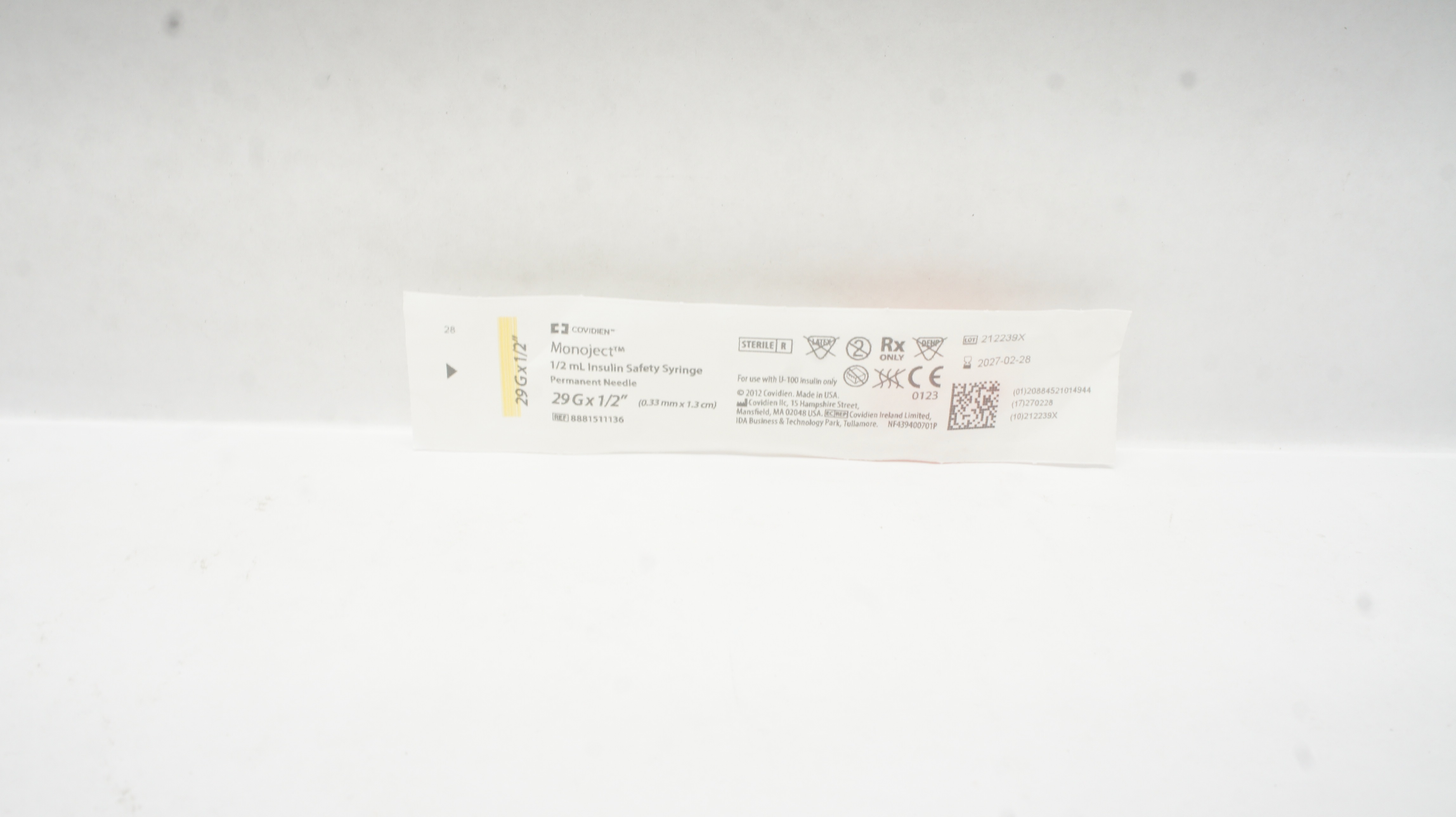 Covidien 8881511136 Monoject 1/2 Insulin Safety Syringe Permanent Ndle 29Gx1/2In