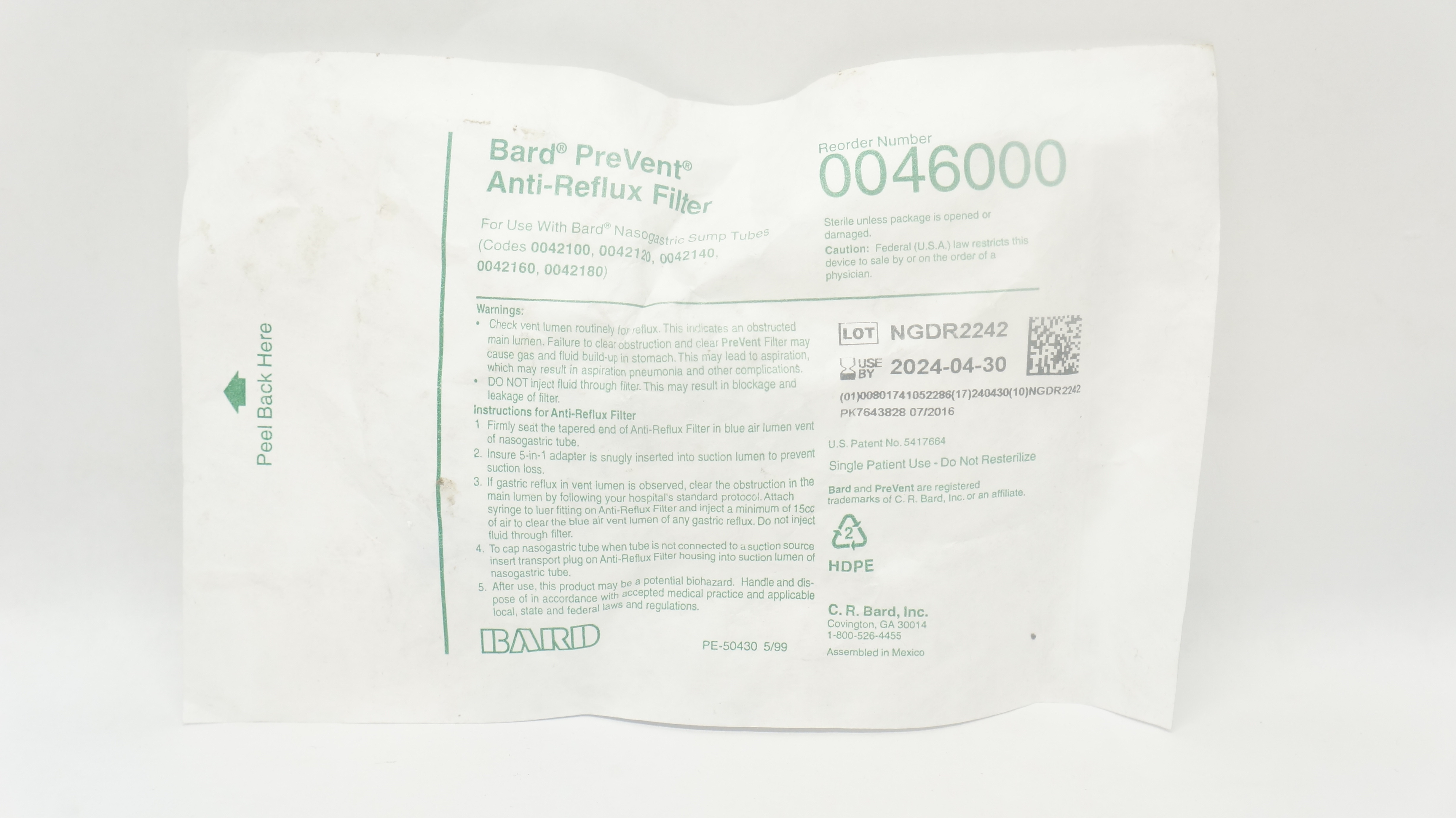 Bard 0046000 PreVent Anti-Reflux Filter