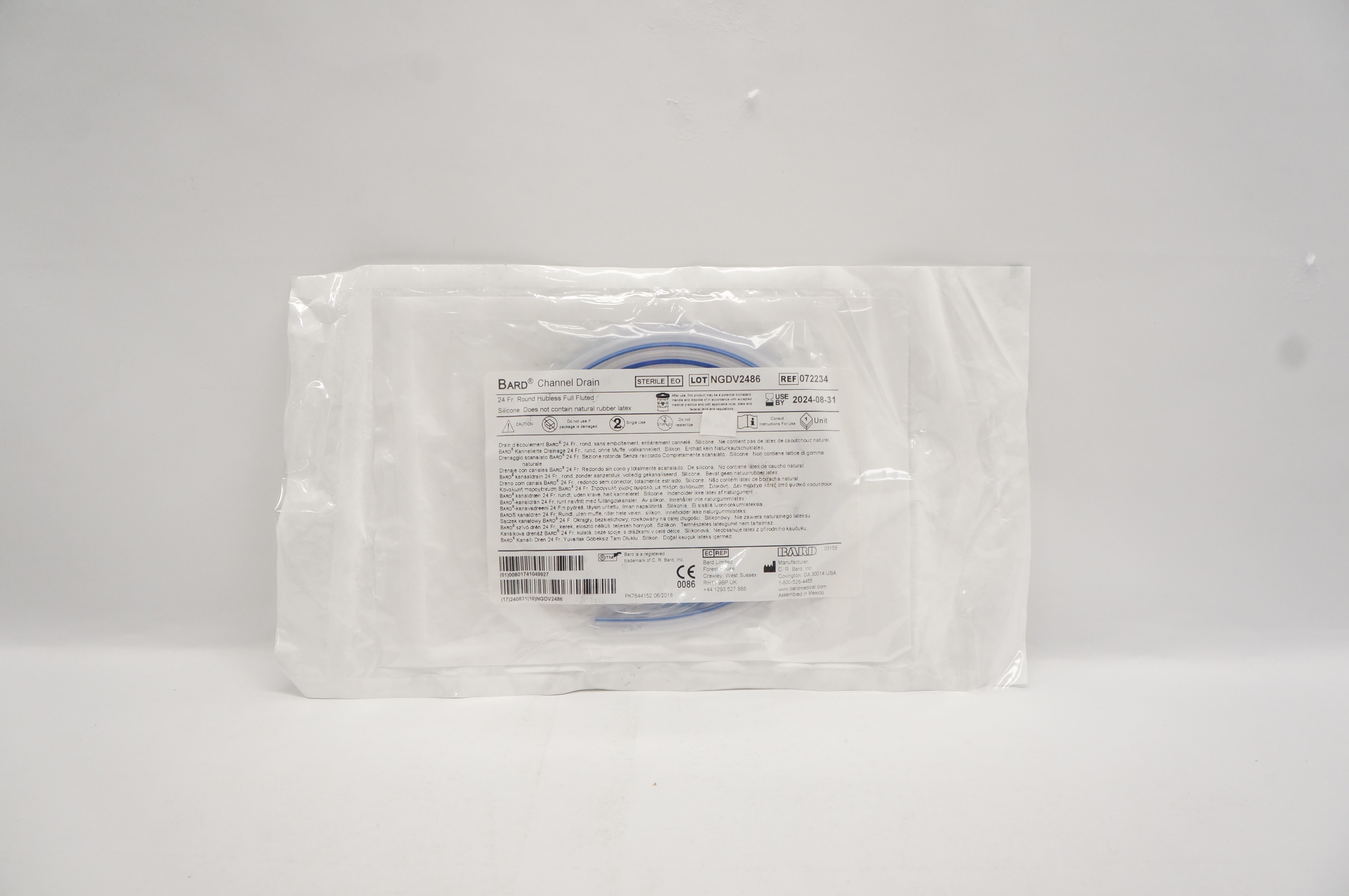 Bard 072234 Channel Drain Round Hubless Full Fluted Silicone 24 Fr
