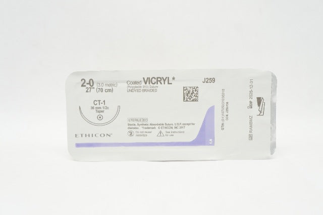 Ethicon J259 2-0 Coated VICRYL Polyglactin 910 Stre CT-1 36mm 1/2c Taper 27 inch