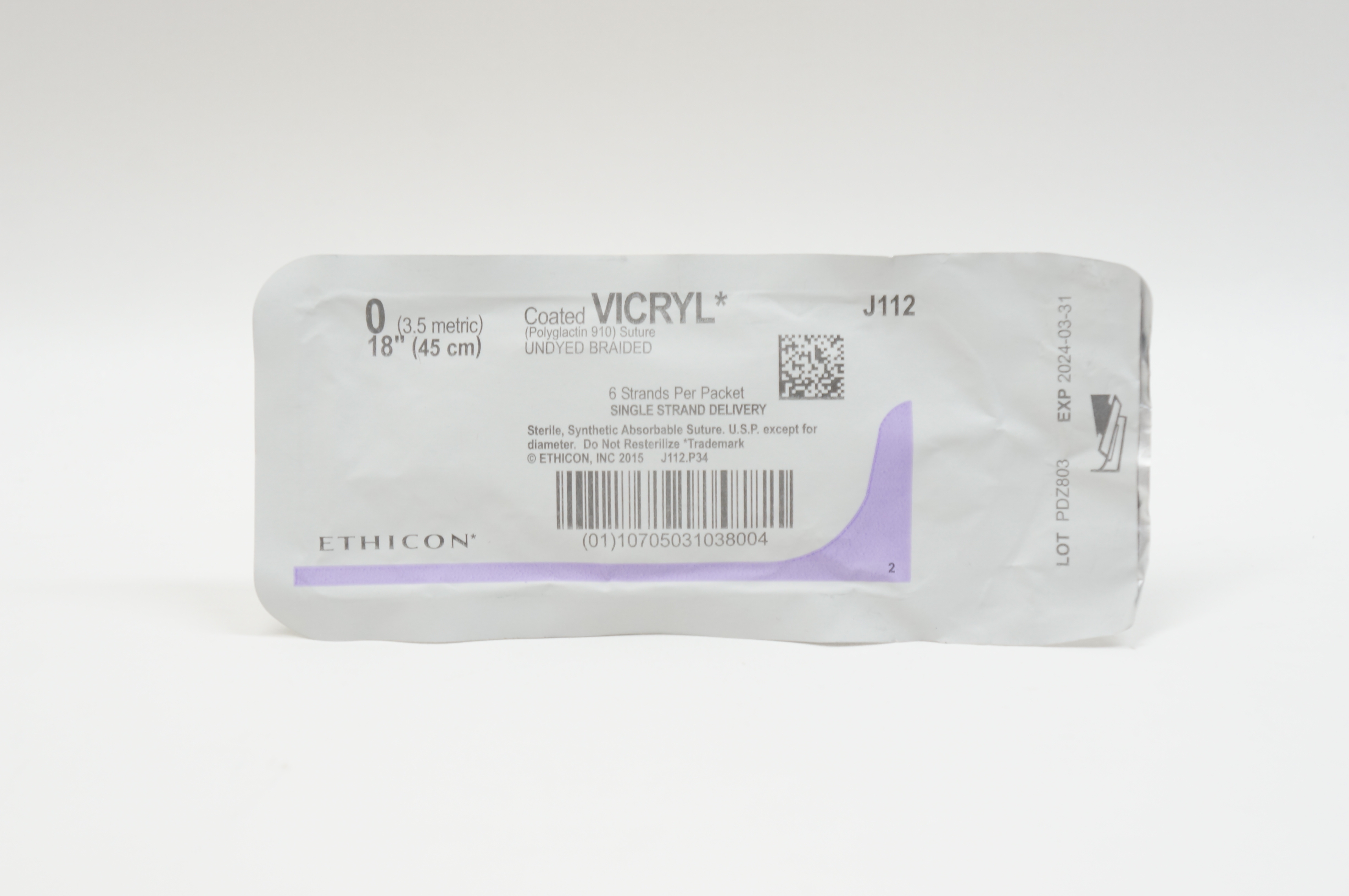 Ethicon J112 0 VICRYL, Undyed Braided, 18inch