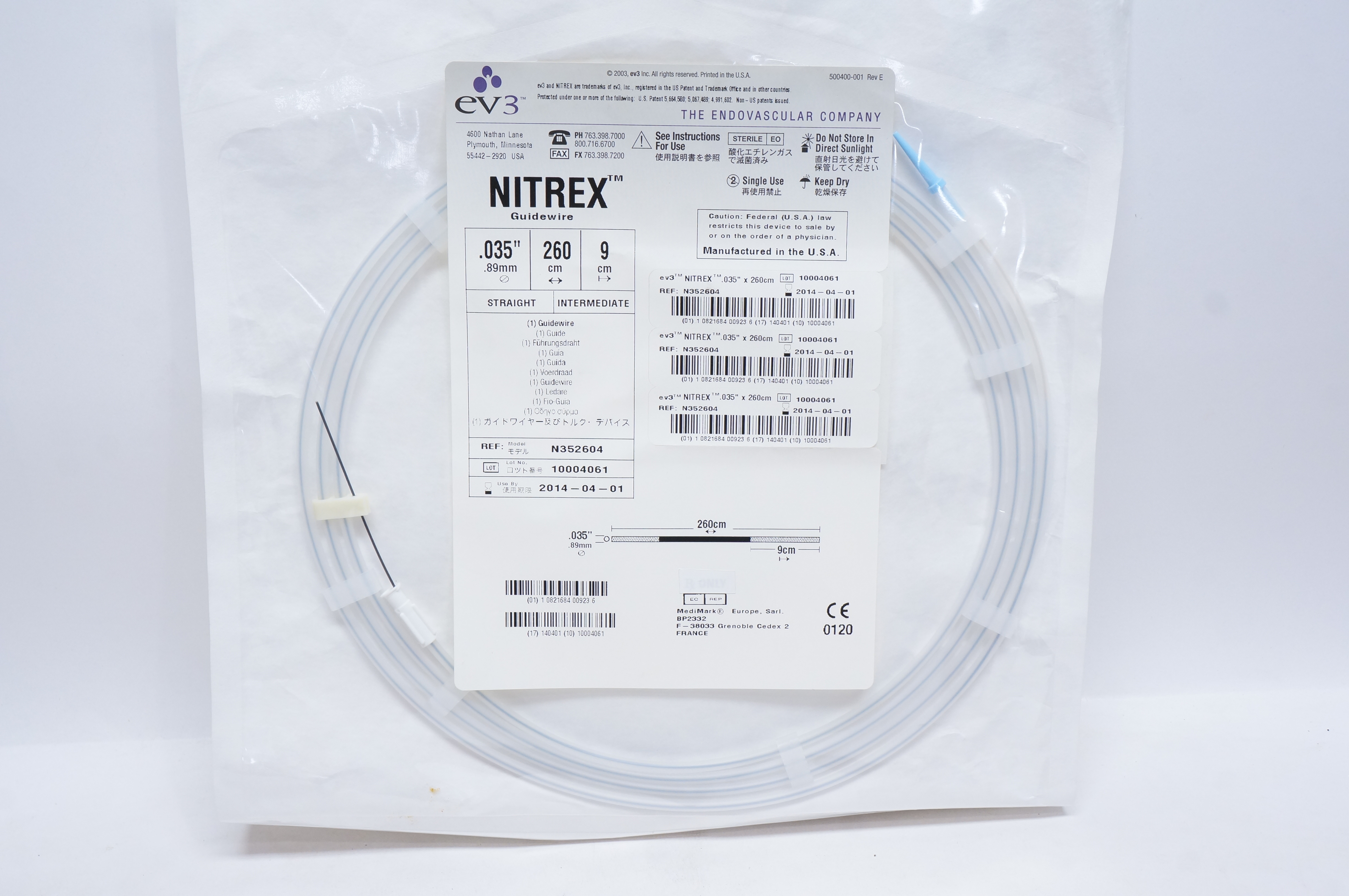 EV3 N352604 Nitrex Guidewire 0.035inch x 260cm x 9cm (x)