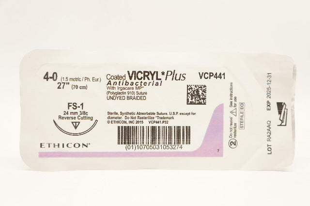 Ethicon VCP441 4-0 Coated Vicryl Plus FS-1 24mm 3/8c Reverse Cutting 27inch