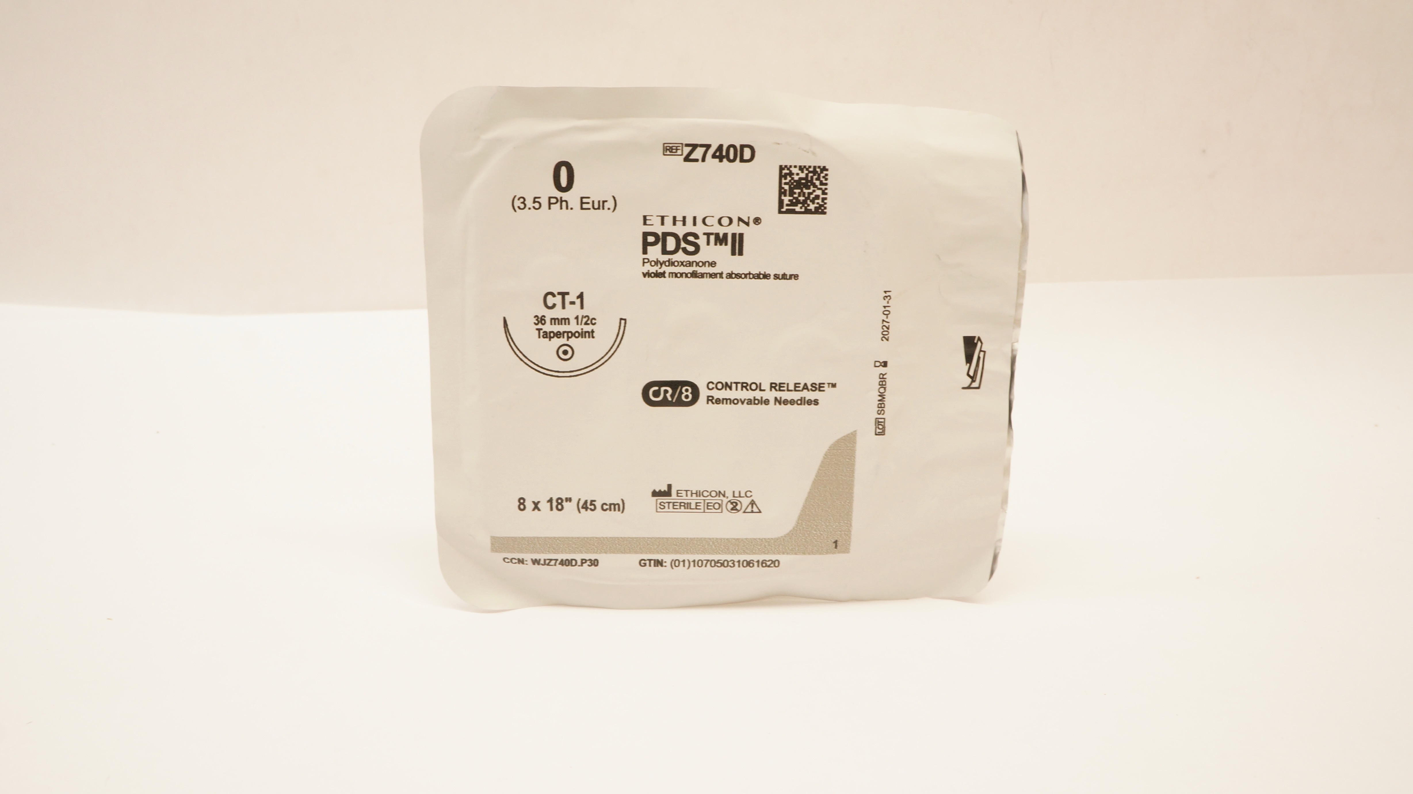 Ethicon Z740D 0 PDS II Polydioxanone Stre CT-1 36mm 1/2c Taper 18inch