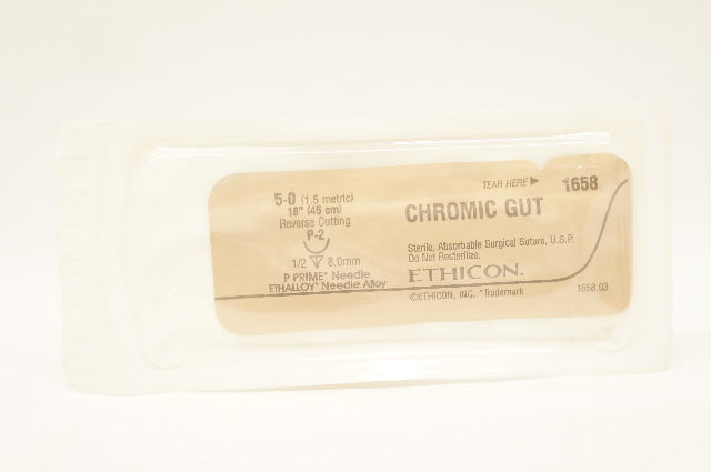 Ethicon 1658 5-0 CHROMIC GUT Stre P-2 1/2c 8.0mm Reverse Cutting,18inch (x)