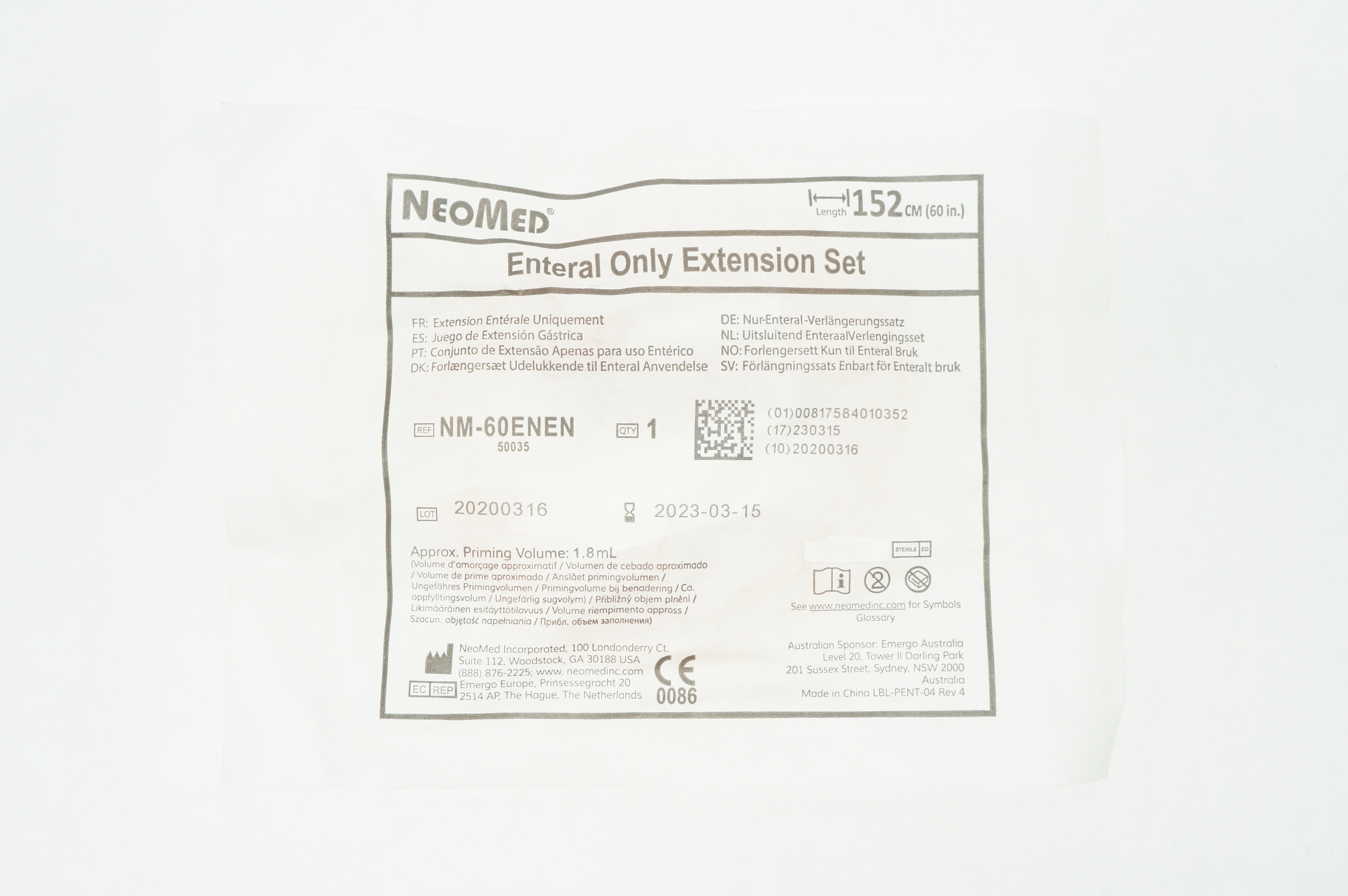 NeoMed NM-60ENEN Enteral Extentsion Set, Approx. Prim. Vol. 1.8mL x 60inch (x)