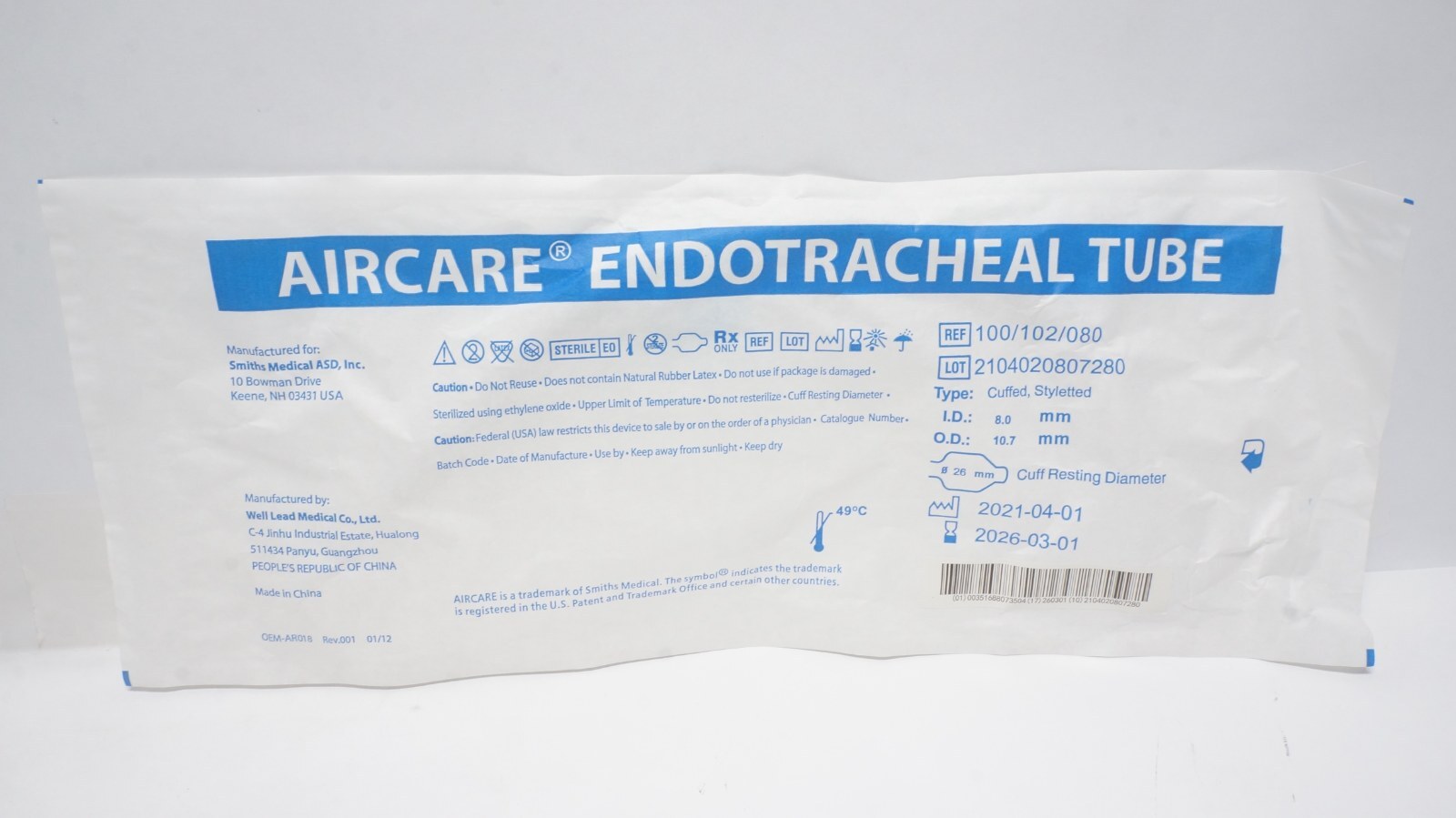 Smiths Medical 100/102/080 AIRCARE Endotracheal Tube 8.0 mm Cuffed