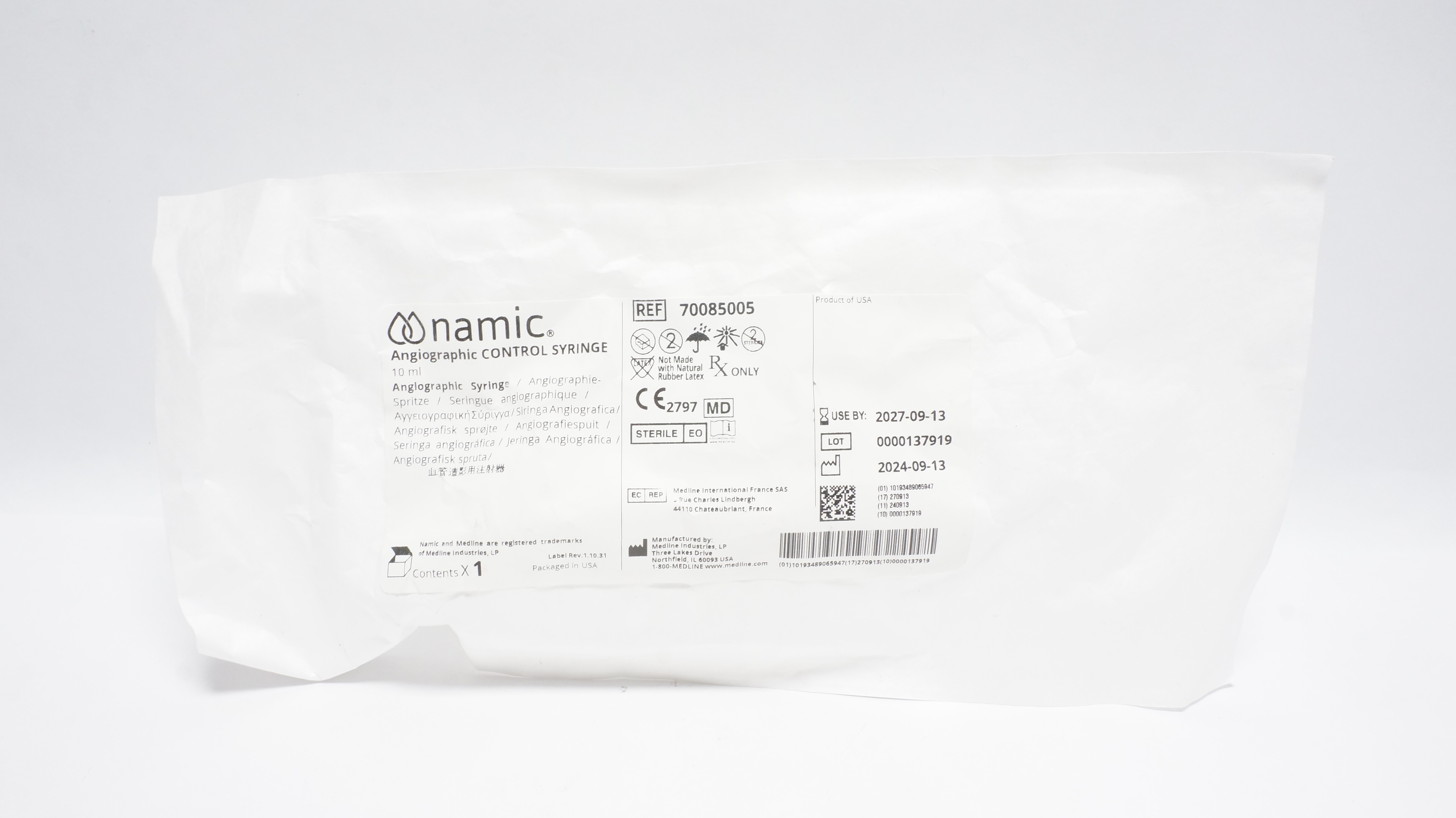 Medline 70085005 Namic Angiographic Control Syringe 10mL