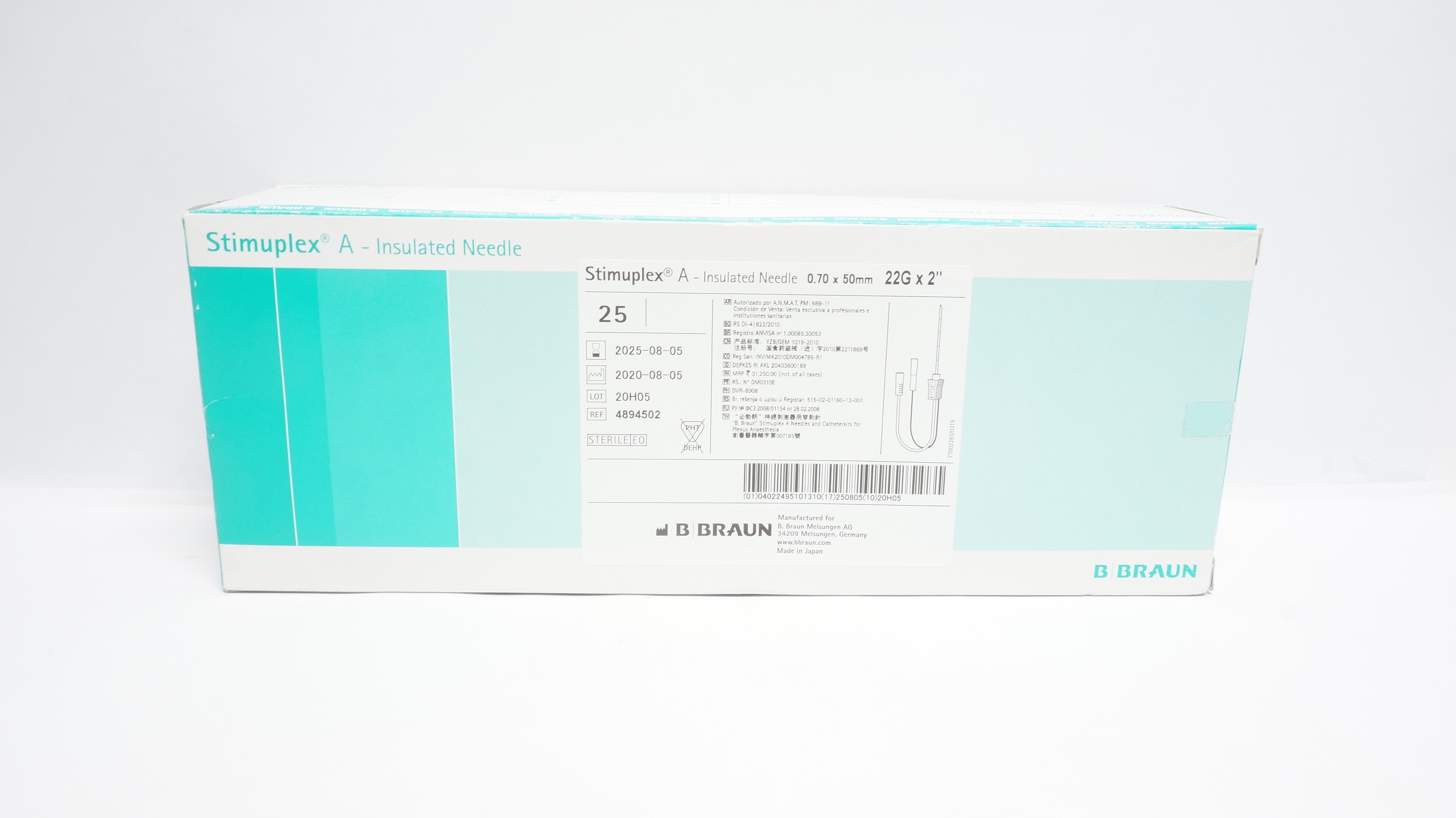 Braun 4894502 Stimuplex A Insulated Needle 22G x 2inch - Box of 25 (x)