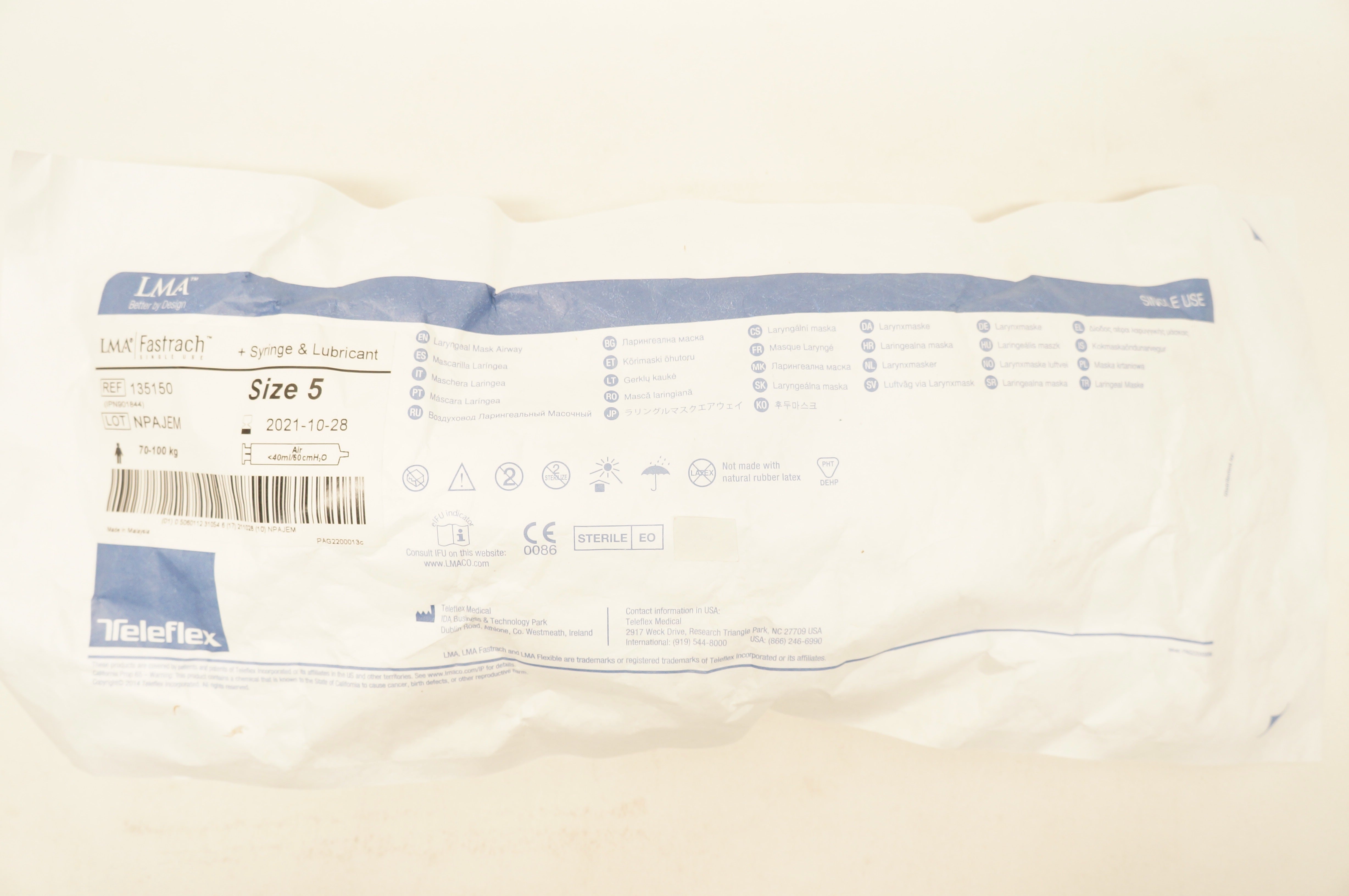 Teleflex 135150 LMA Fastrach +Syringe & Lubricant Size 5 70-100kg (x)