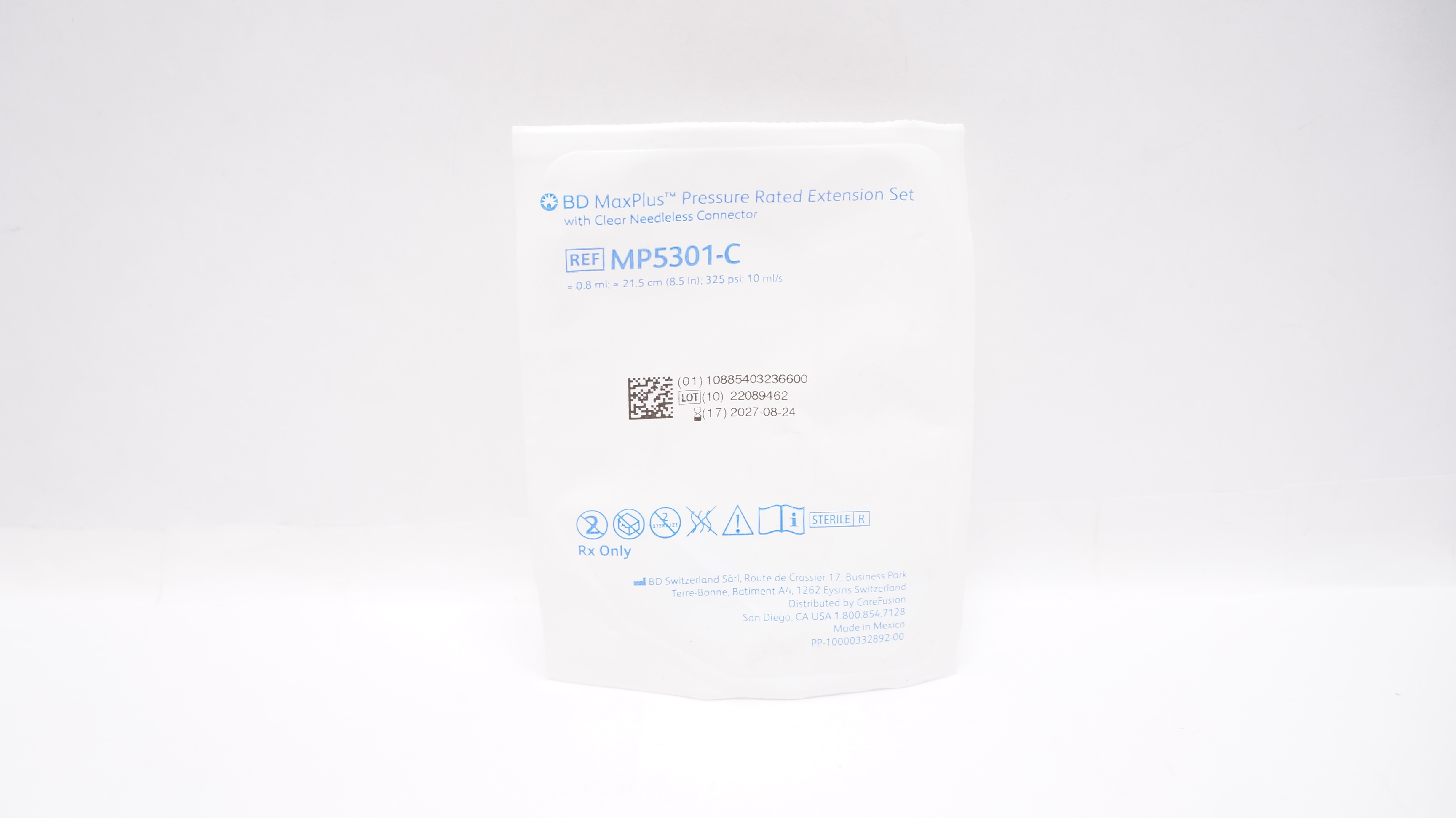 BD MP5301-C MaxPlus Pressure Rated Extension Set 0.8ml x 8.5inch 325psi 10ml/s